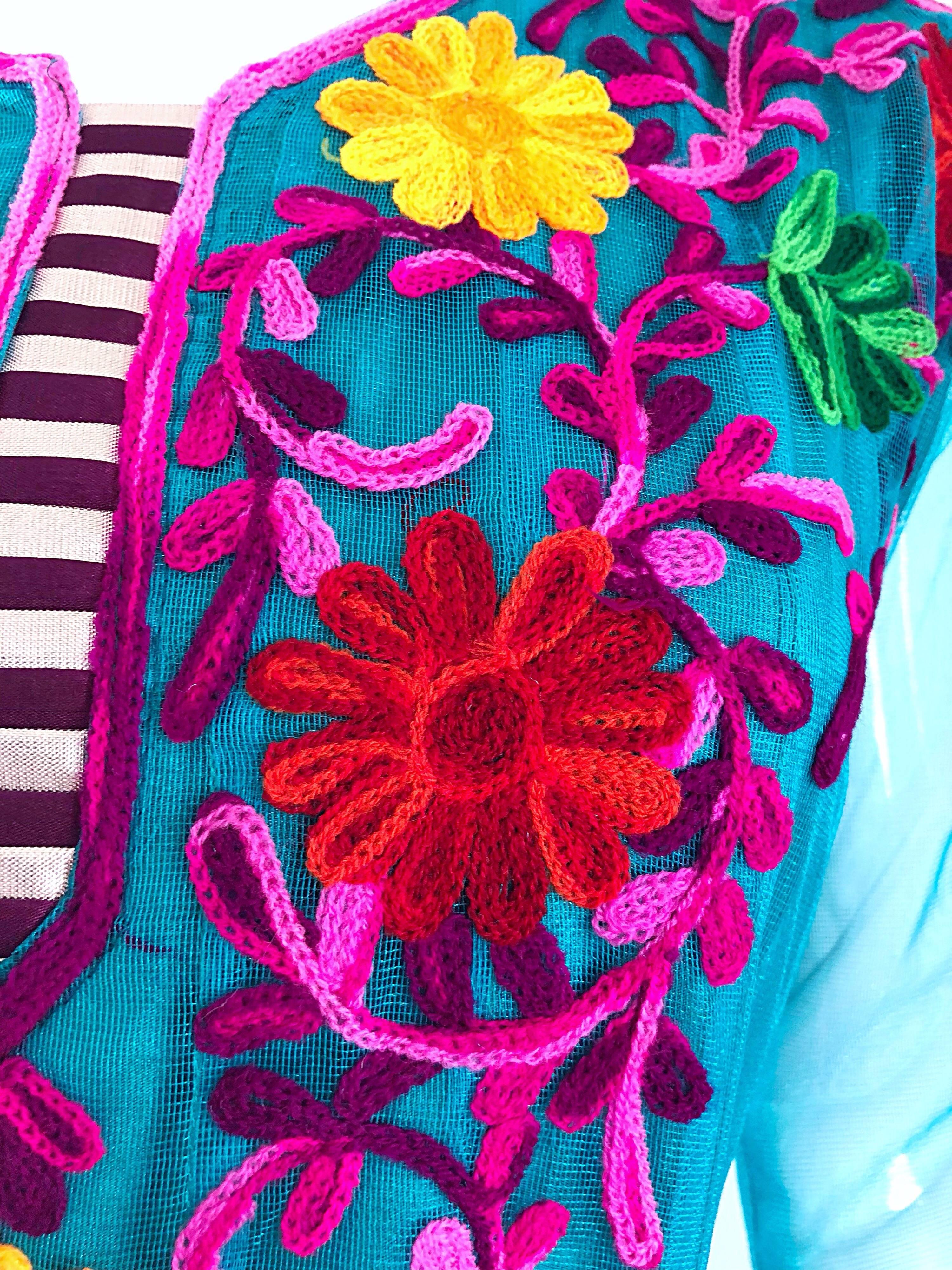 Splendido abito anni '70 blu turchese ricamato Vintage Indian Kurta 70s + fusciacca in vendita 9