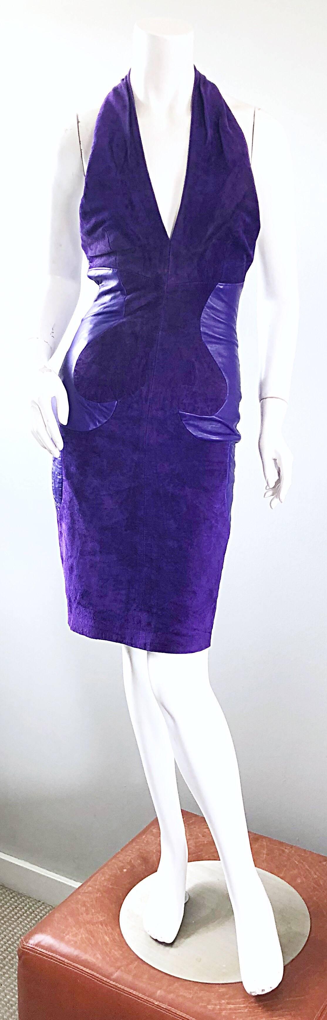 Sexy early 90s NORTH BEACH LEATHER by MICHAEL HOBAN purple suede and leather bodycon halter dress! Features a fabulous suede body, with slimming leather accents at each side of the waist. Adjustable snaps at the top back center halter neck. Hidden