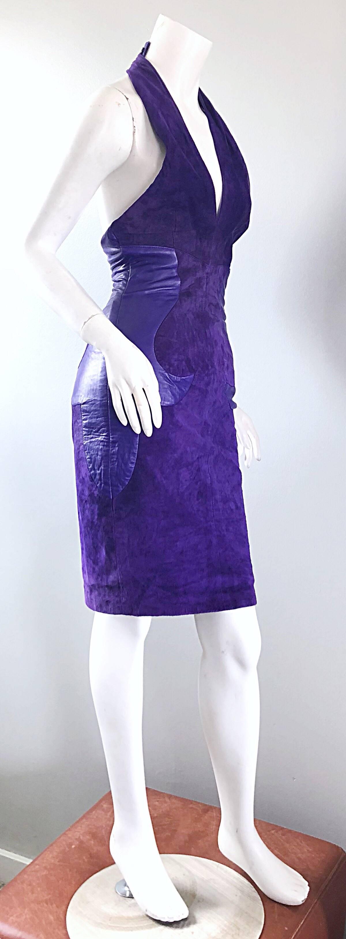 1990s North Beach Leather Michael Hoban Sexy Purple Suede Vintage Halter Dress In Excellent Condition For Sale In San Diego, CA