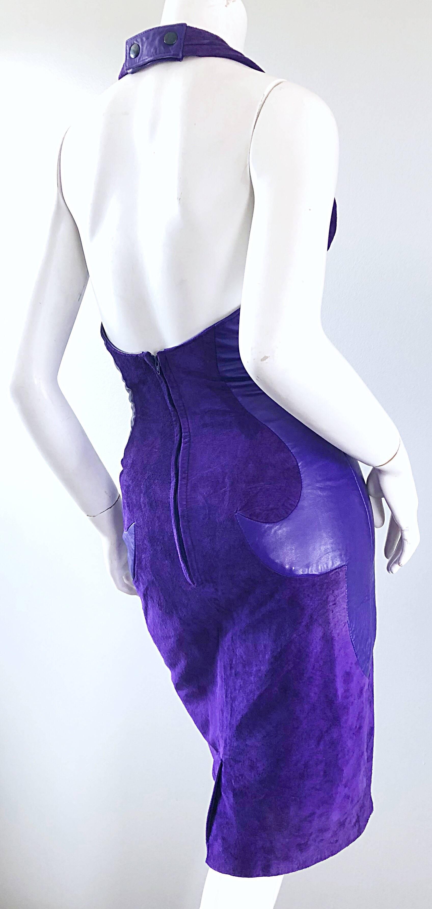 Women's 1990s North Beach Leather Michael Hoban Sexy Purple Suede Vintage Halter Dress For Sale