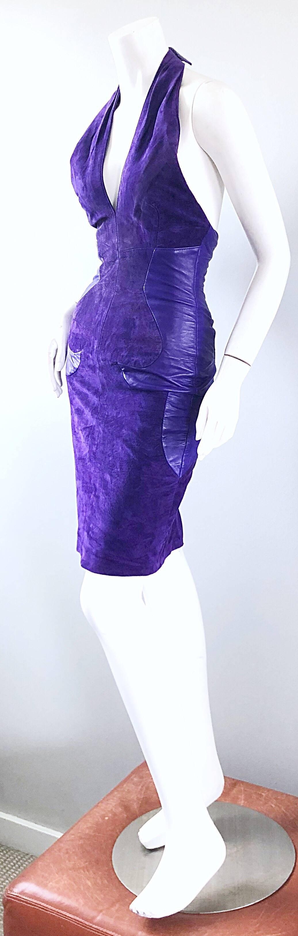 1990s North Beach Leather Michael Hoban Sexy Purple Suede Vintage Halter Dress For Sale 1