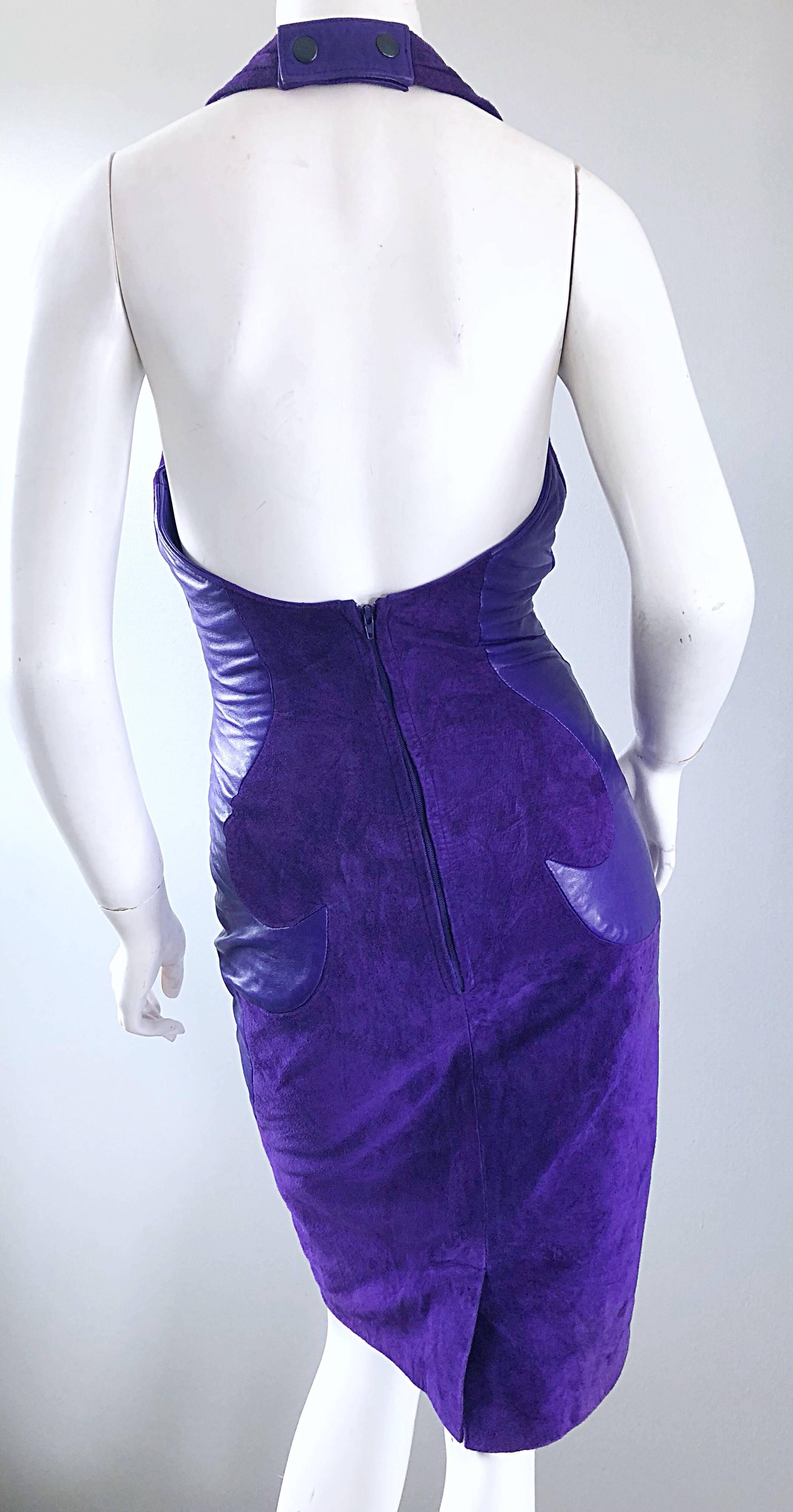 1990s North Beach Leather Michael Hoban Sexy Purple Suede Vintage Halter Dress For Sale 2