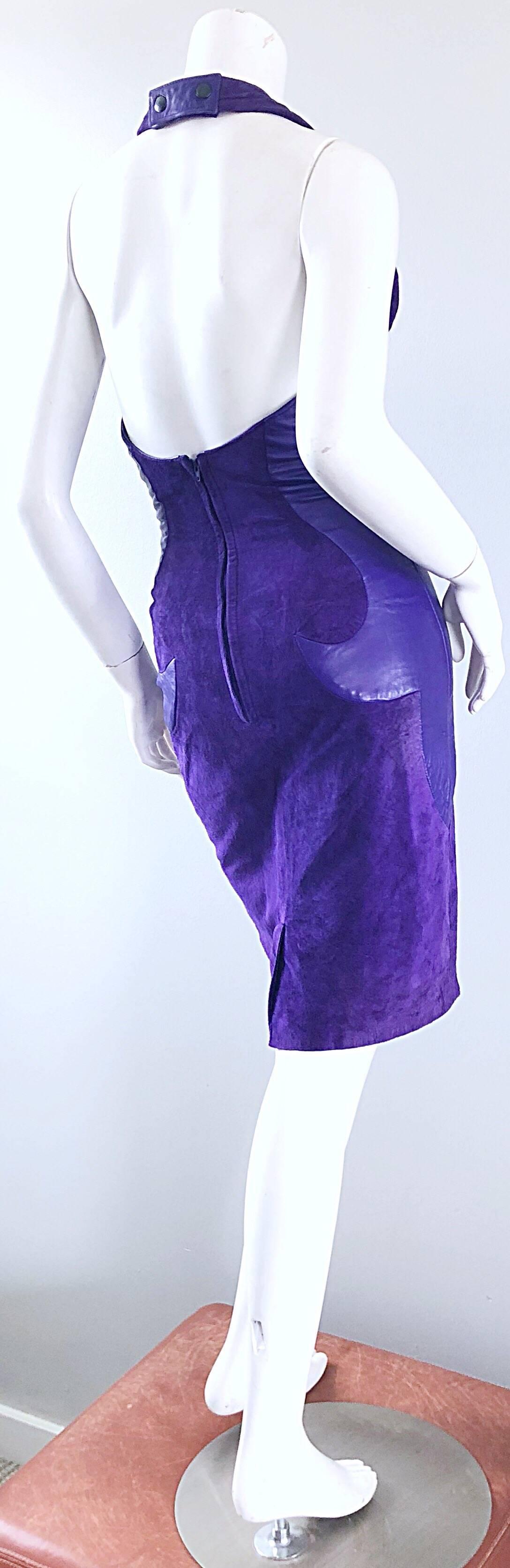 1990s North Beach Leather Michael Hoban Sexy Purple Suede Vintage Halter Dress For Sale 3