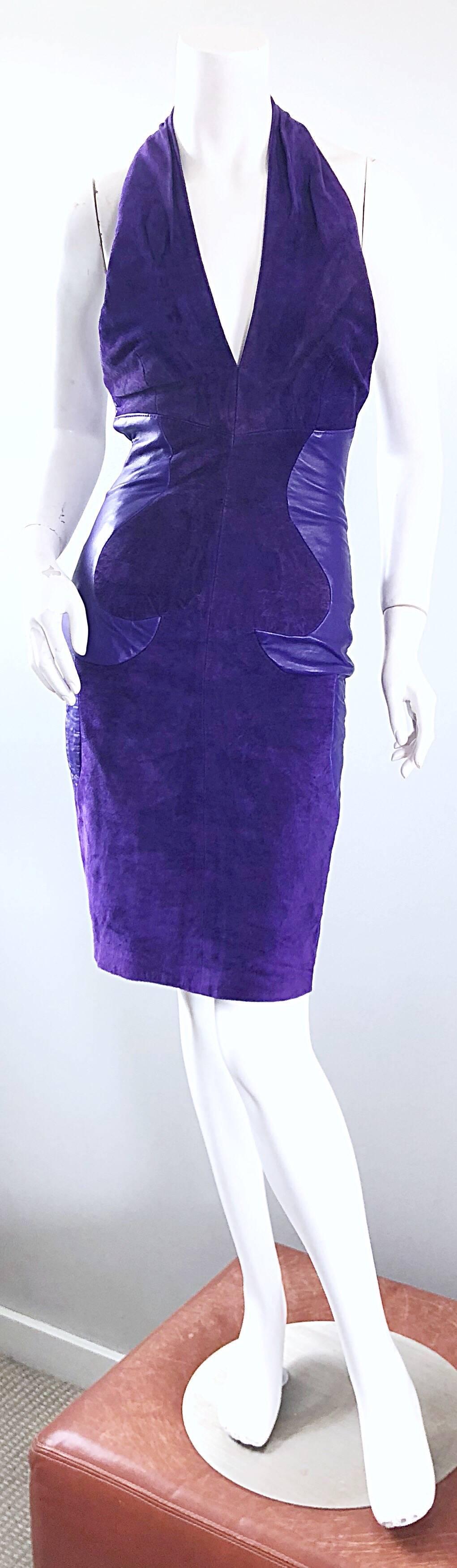 1990s North Beach Leather Michael Hoban Sexy Purple Suede Vintage Halter Dress For Sale 4