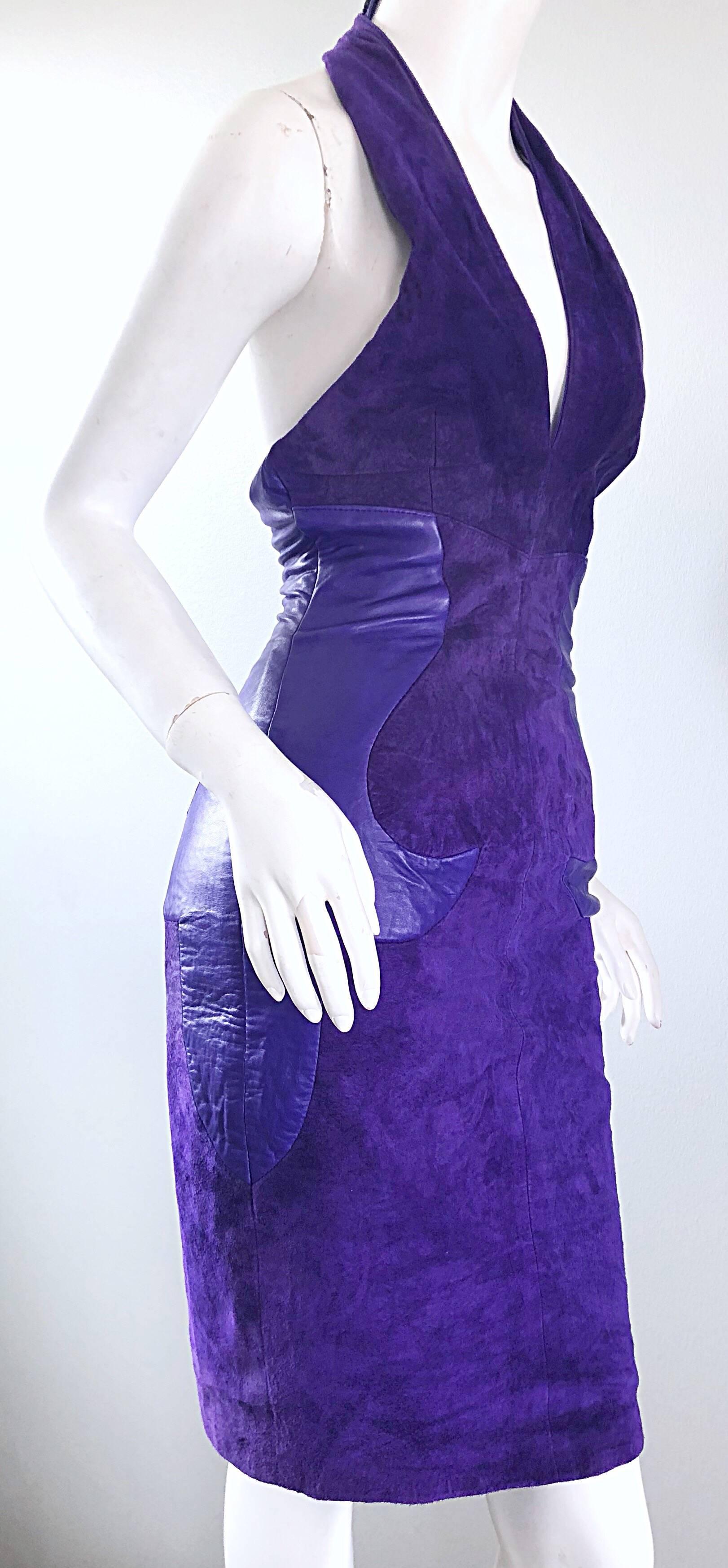 1990s North Beach Leather Michael Hoban Sexy Purple Suede Vintage Halter Dress For Sale 5
