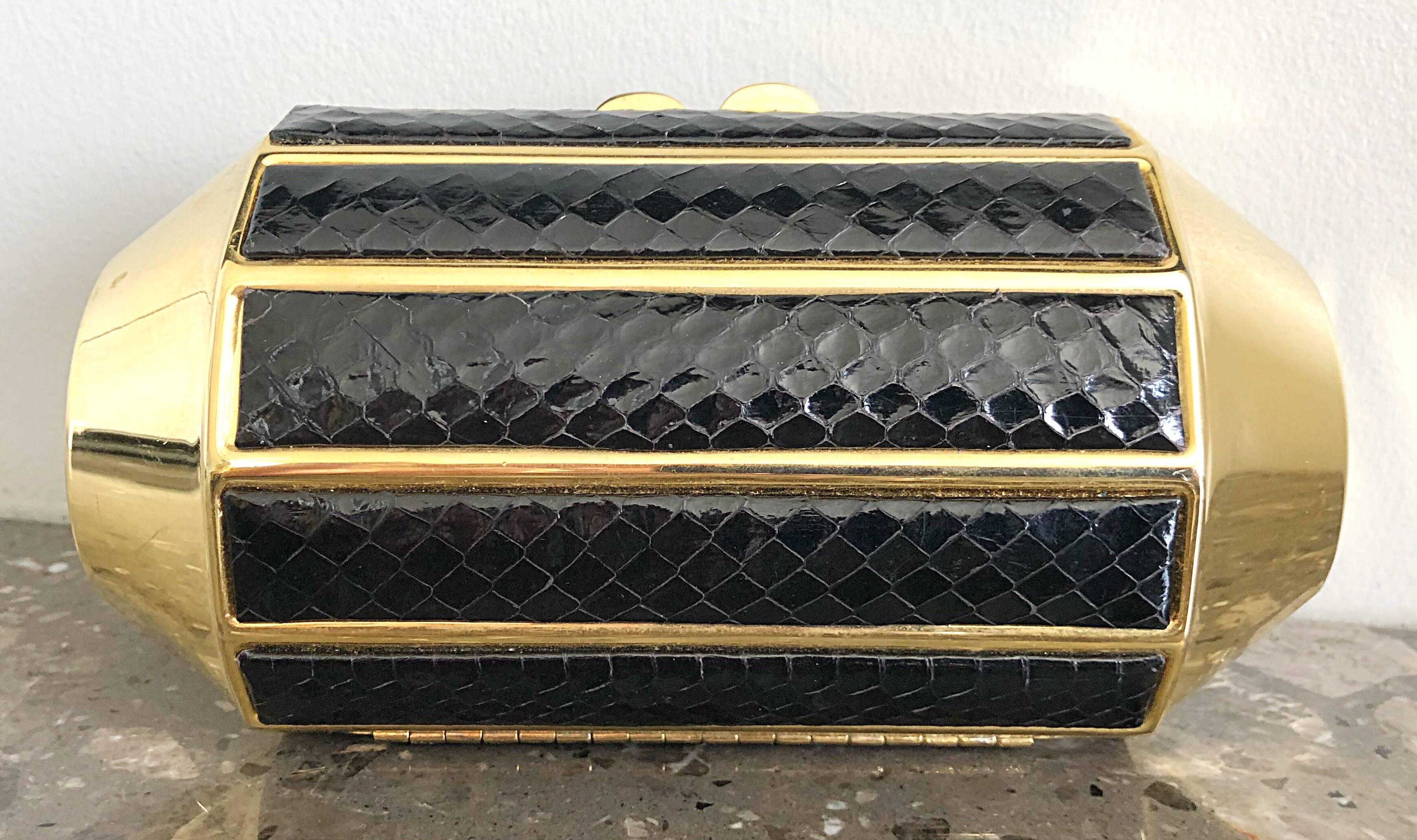 Chic 1970s Black + Gold Snakeskin Python 70s Vintage Minaudière Clutch Bag 1