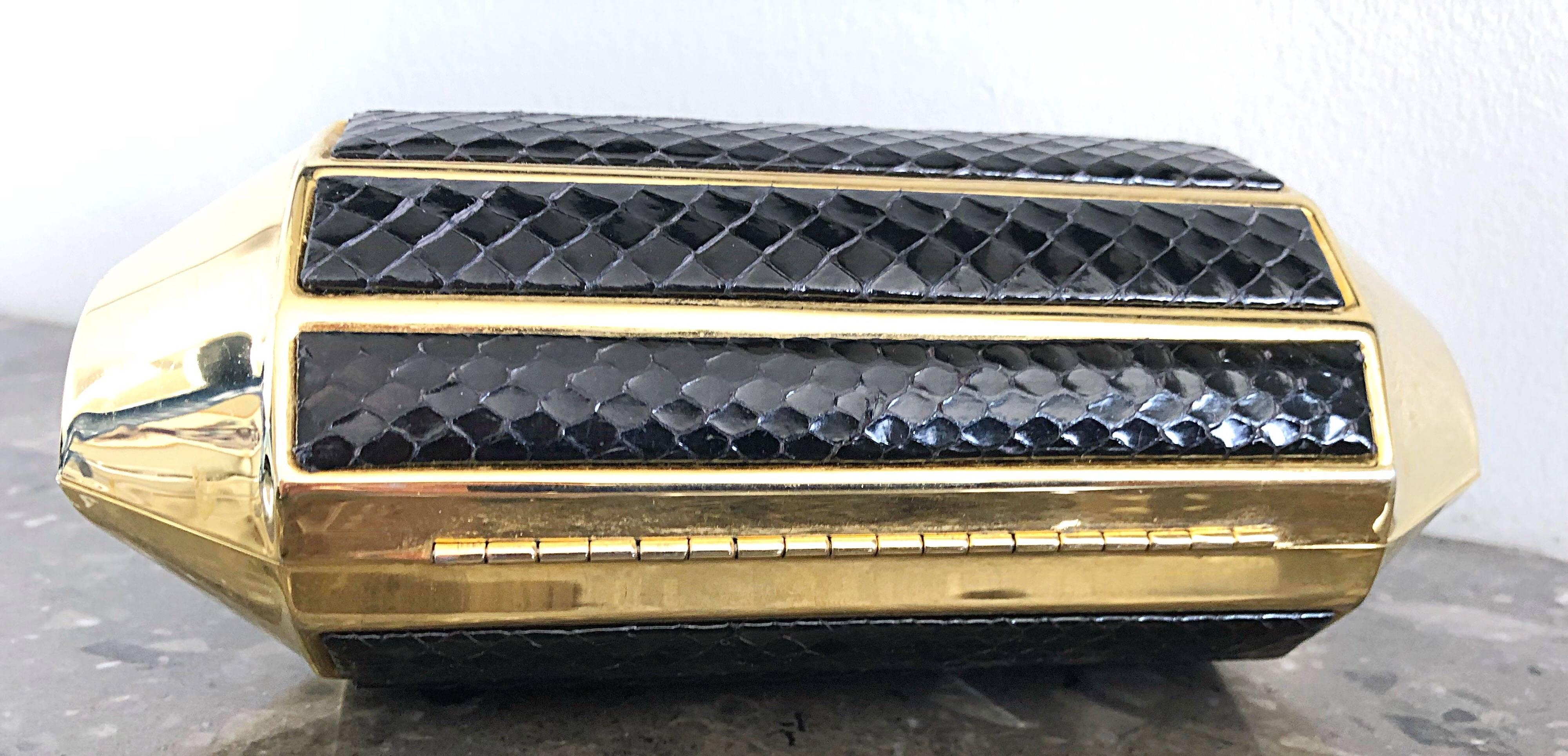 Chic 1970s Black + Gold Snakeskin Python 70s Vintage Minaudière Clutch Bag 4