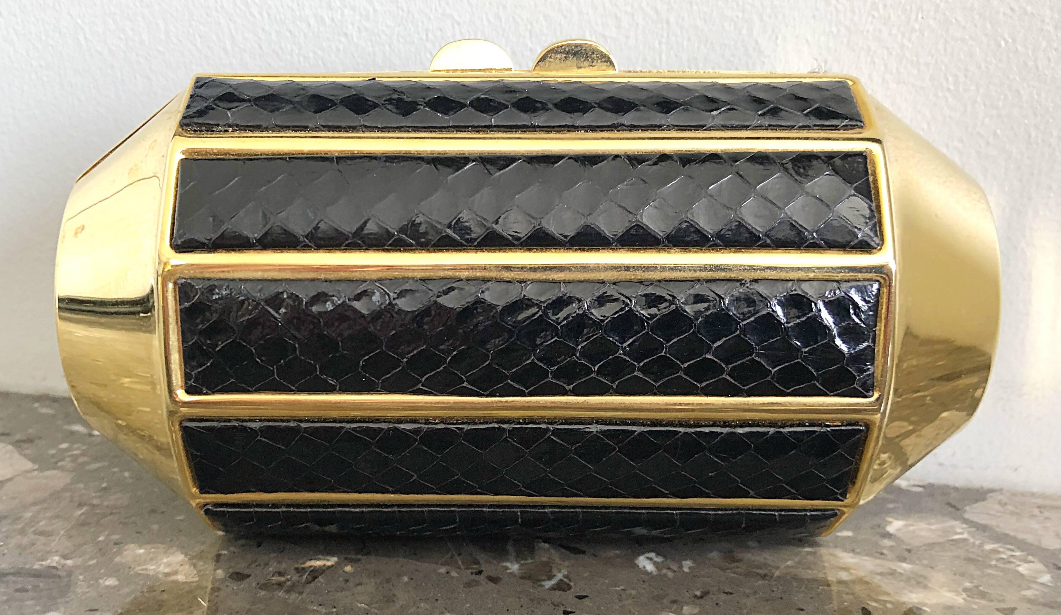Chic 1970s Black + Gold Snakeskin Python 70s Vintage Minaudière Clutch Bag 5