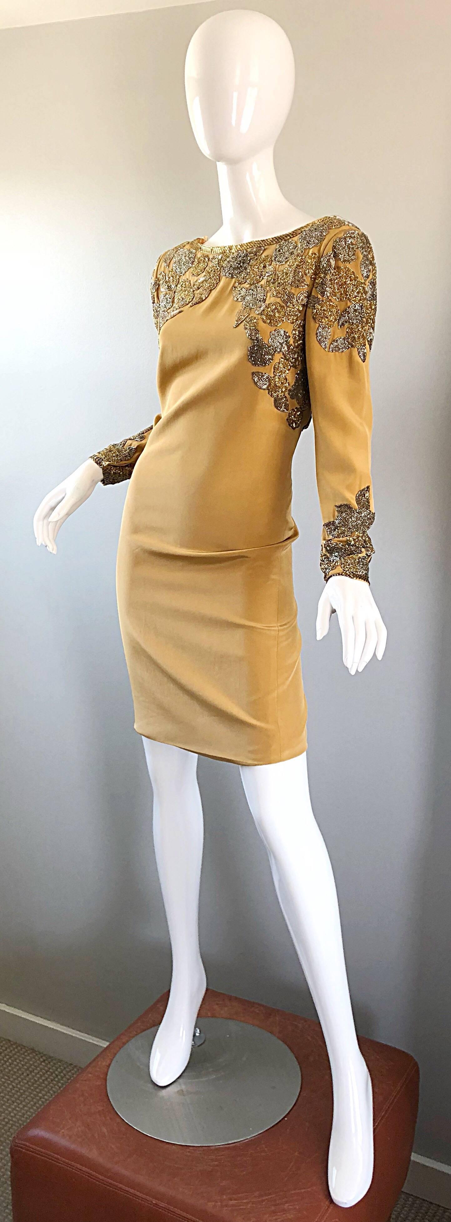 Brown Vintage Oleg Cassini Size 8 Beautiful 1990s Gold Silk Beaded  90s Dress For Sale