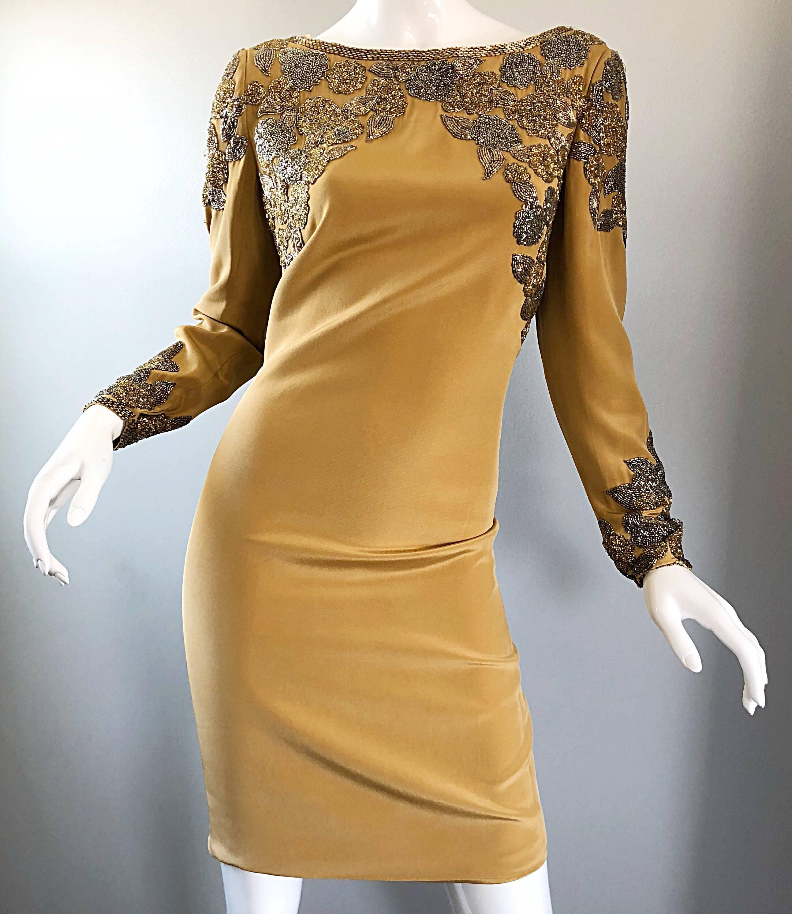 Vintage Oleg Cassini Size 8 Beautiful 1990s Gold Silk Beaded  90s Dress In Excellent Condition For Sale In San Diego, CA