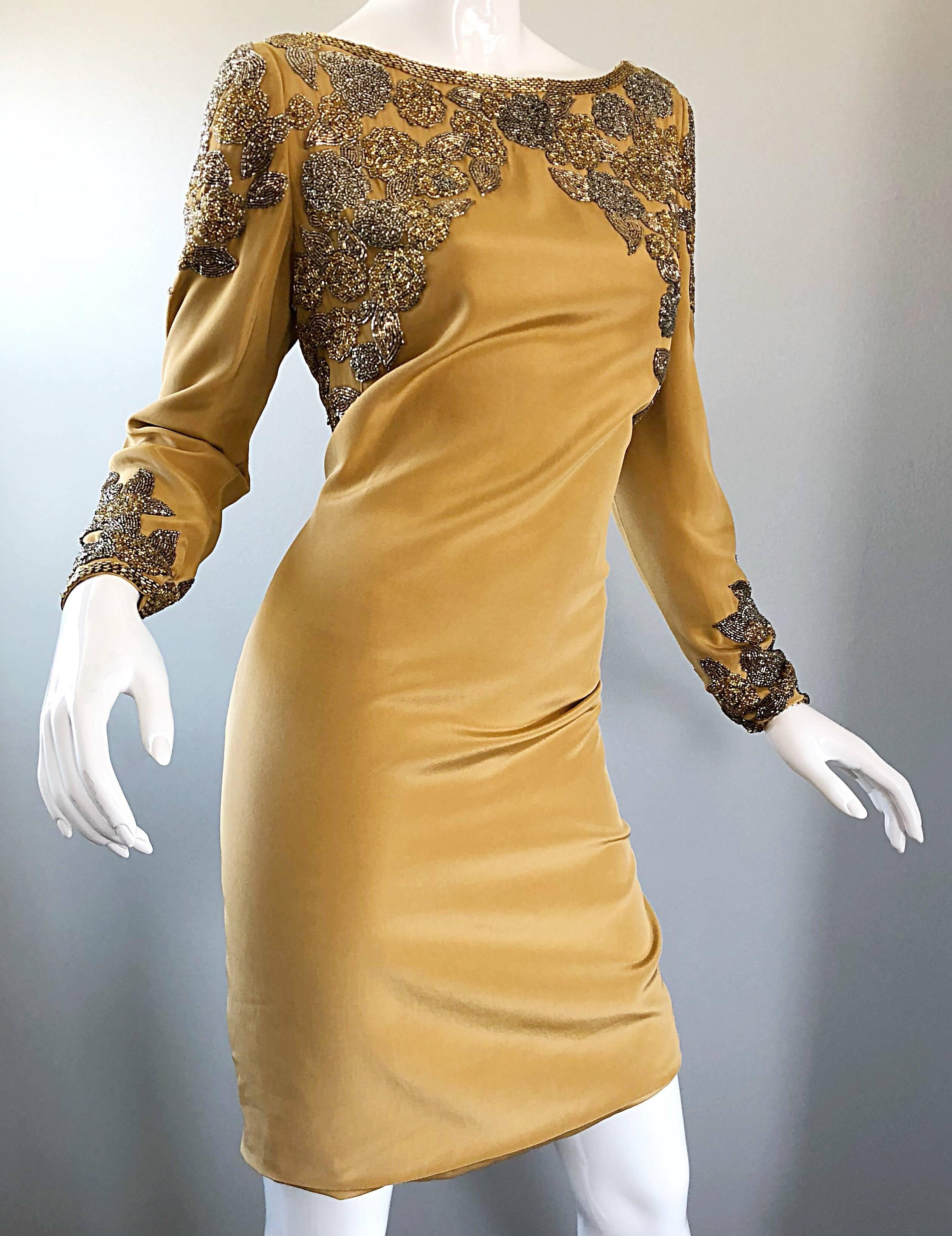 Women's Vintage Oleg Cassini Size 8 Beautiful 1990s Gold Silk Beaded  90s Dress For Sale