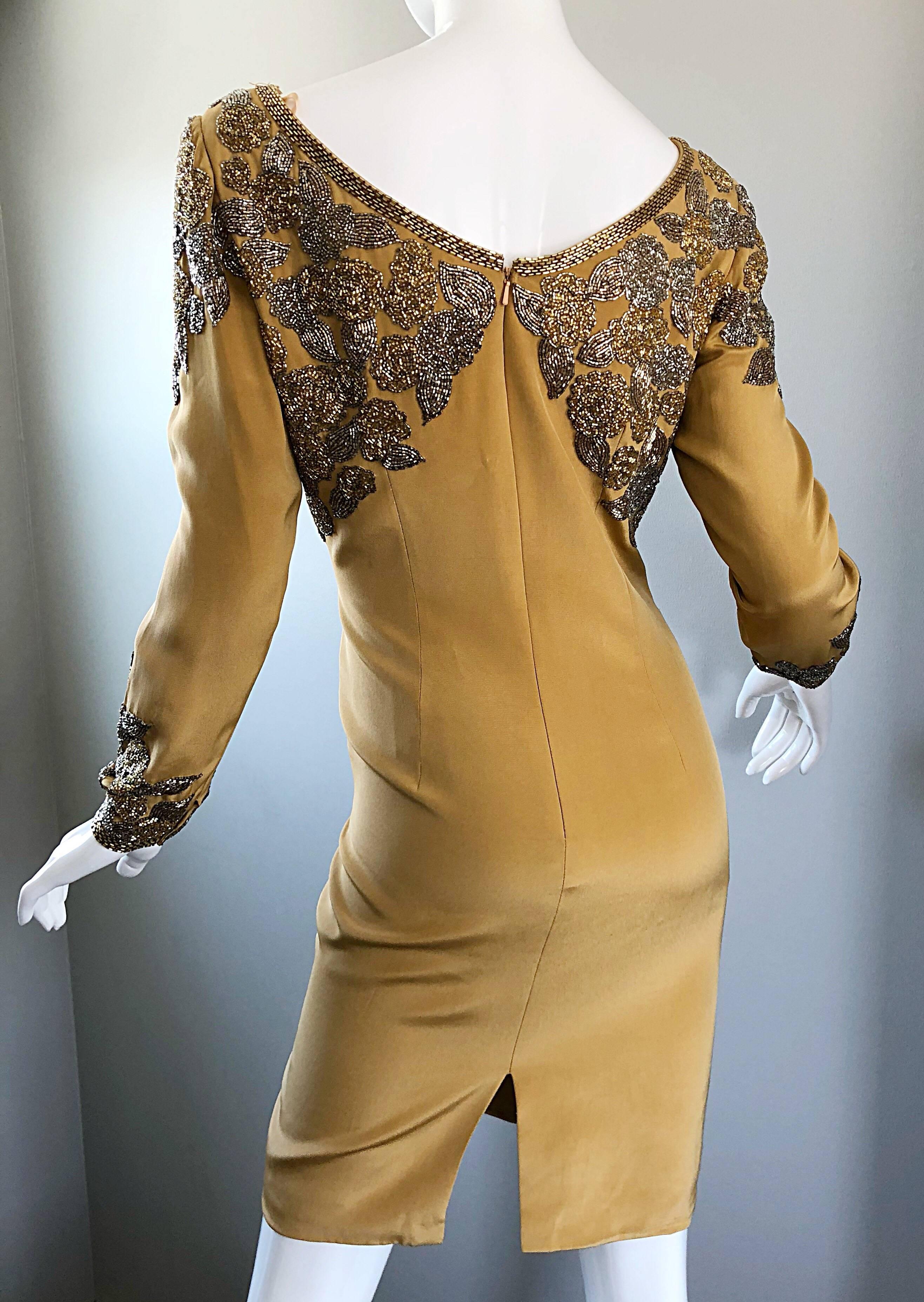 Vintage Oleg Cassini Size 8 Beautiful 1990s Gold Silk Beaded  90s Dress For Sale 2