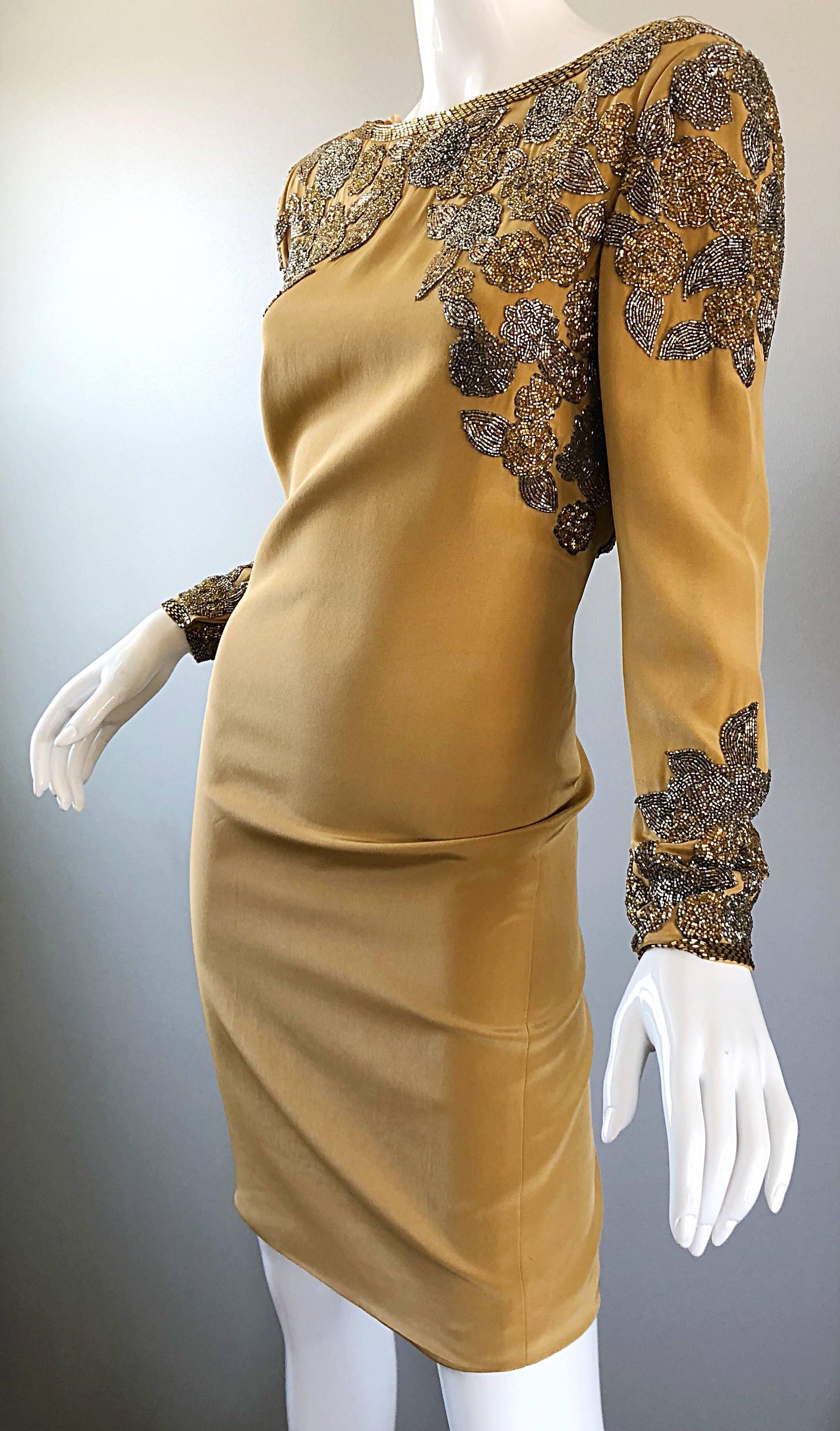 Vintage Oleg Cassini Size 8 Beautiful 1990s Gold Silk Beaded  90s Dress For Sale 3