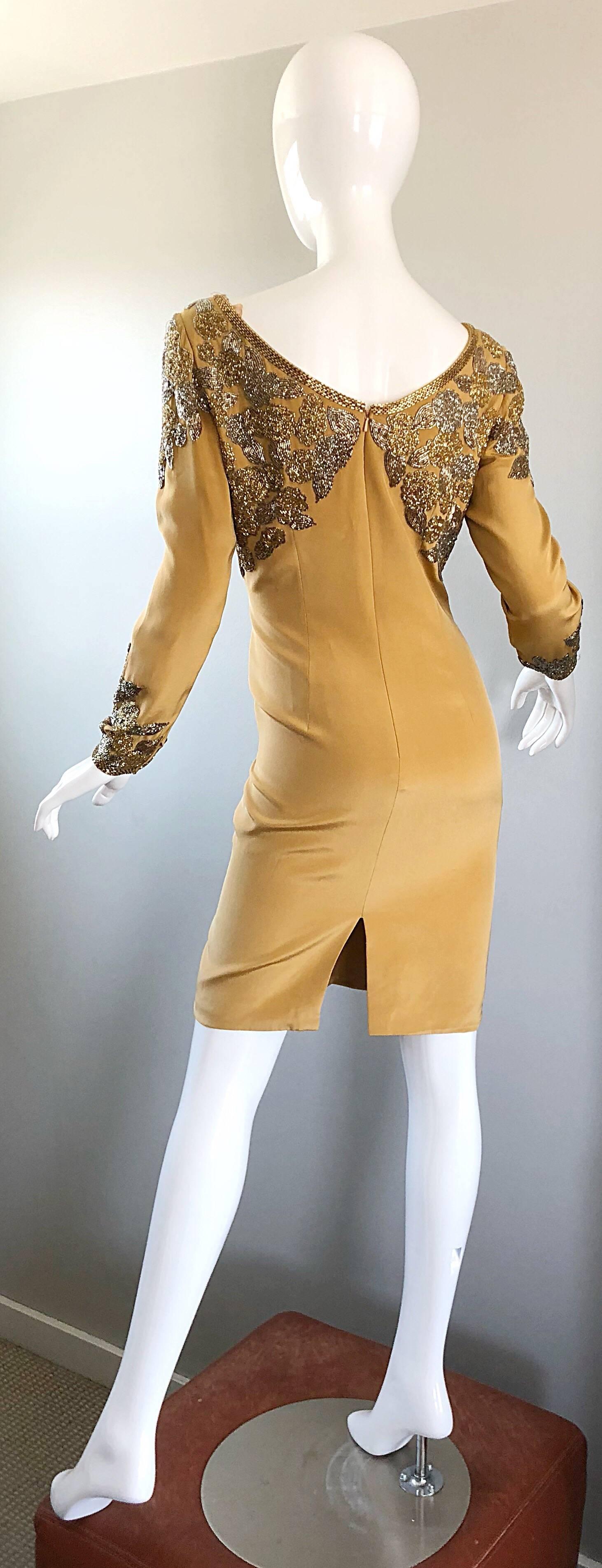 Vintage Oleg Cassini Size 8 Beautiful 1990s Gold Silk Beaded  90s Dress For Sale 5