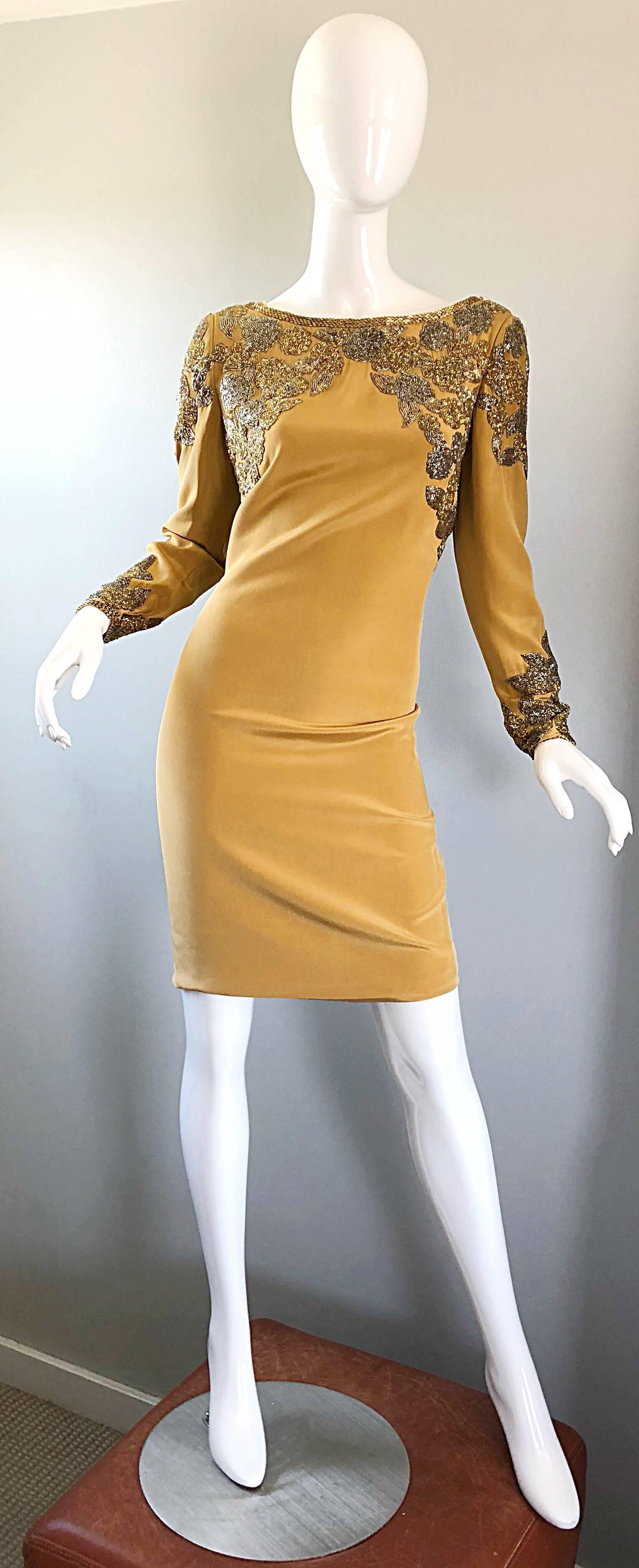 Vintage Oleg Cassini Size 8 Beautiful 1990s Gold Silk Beaded  90s Dress For Sale 8