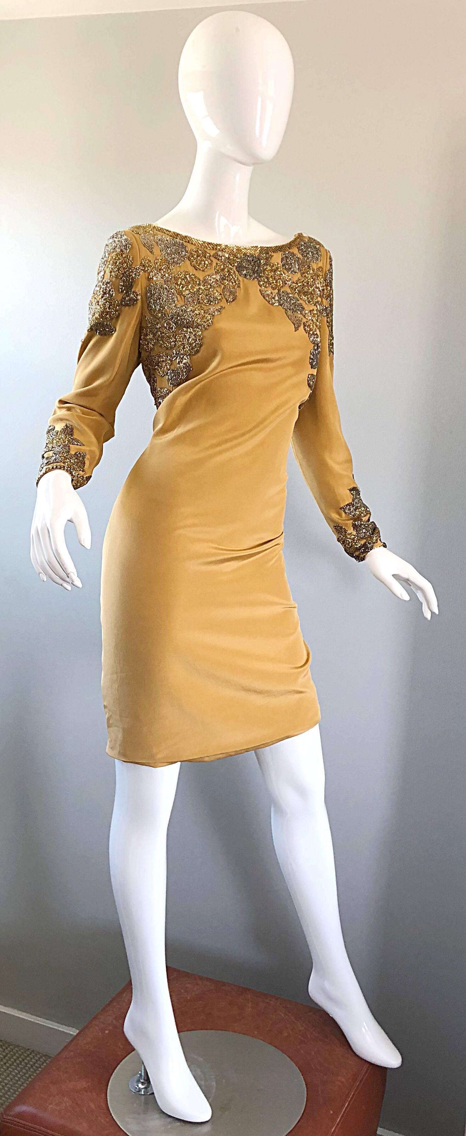 Vintage Oleg Cassini Size 8 Beautiful 1990s Gold Silk Beaded  90s Dress For Sale 7