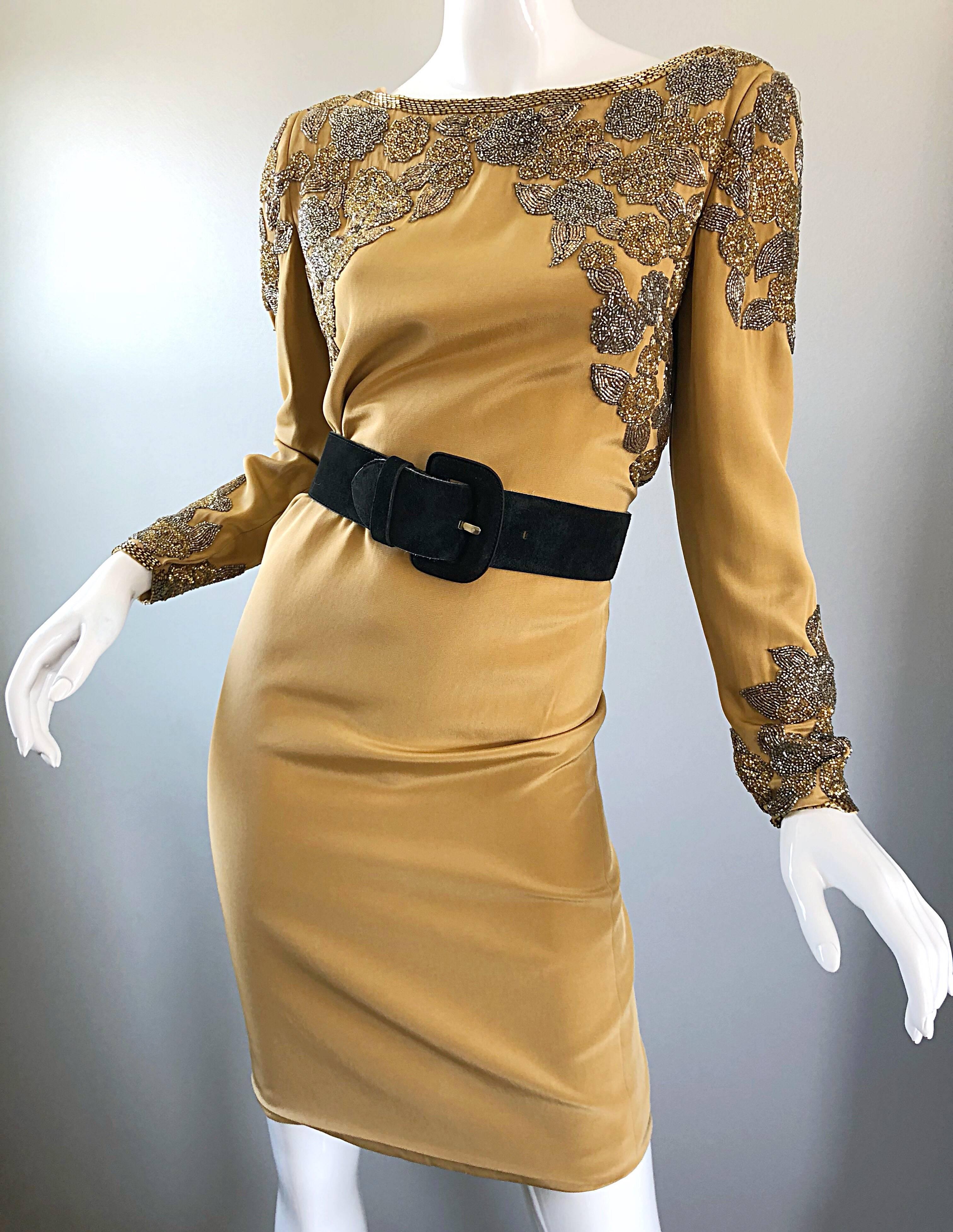 Vintage Oleg Cassini Size 8 Beautiful 1990s Gold Silk Beaded  90s Dress For Sale 6