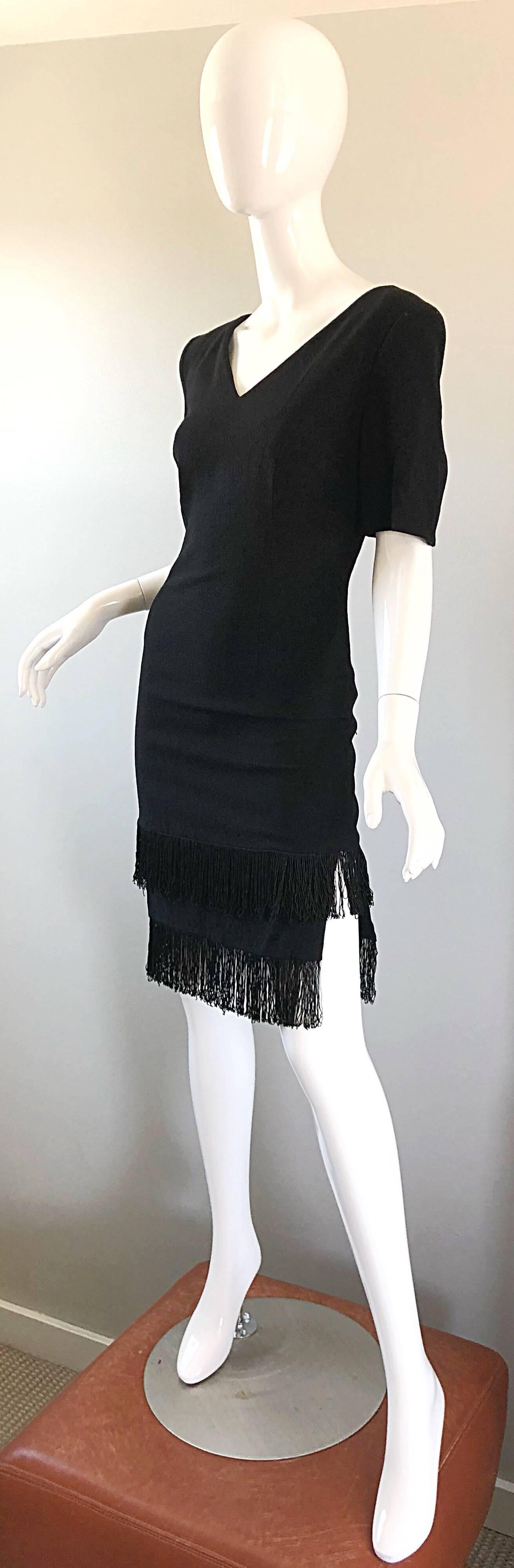 Nero 1990 Escada Margaretha Ley Escada con frange nere Vintage Dress Taglia 8 / 10 in vendita