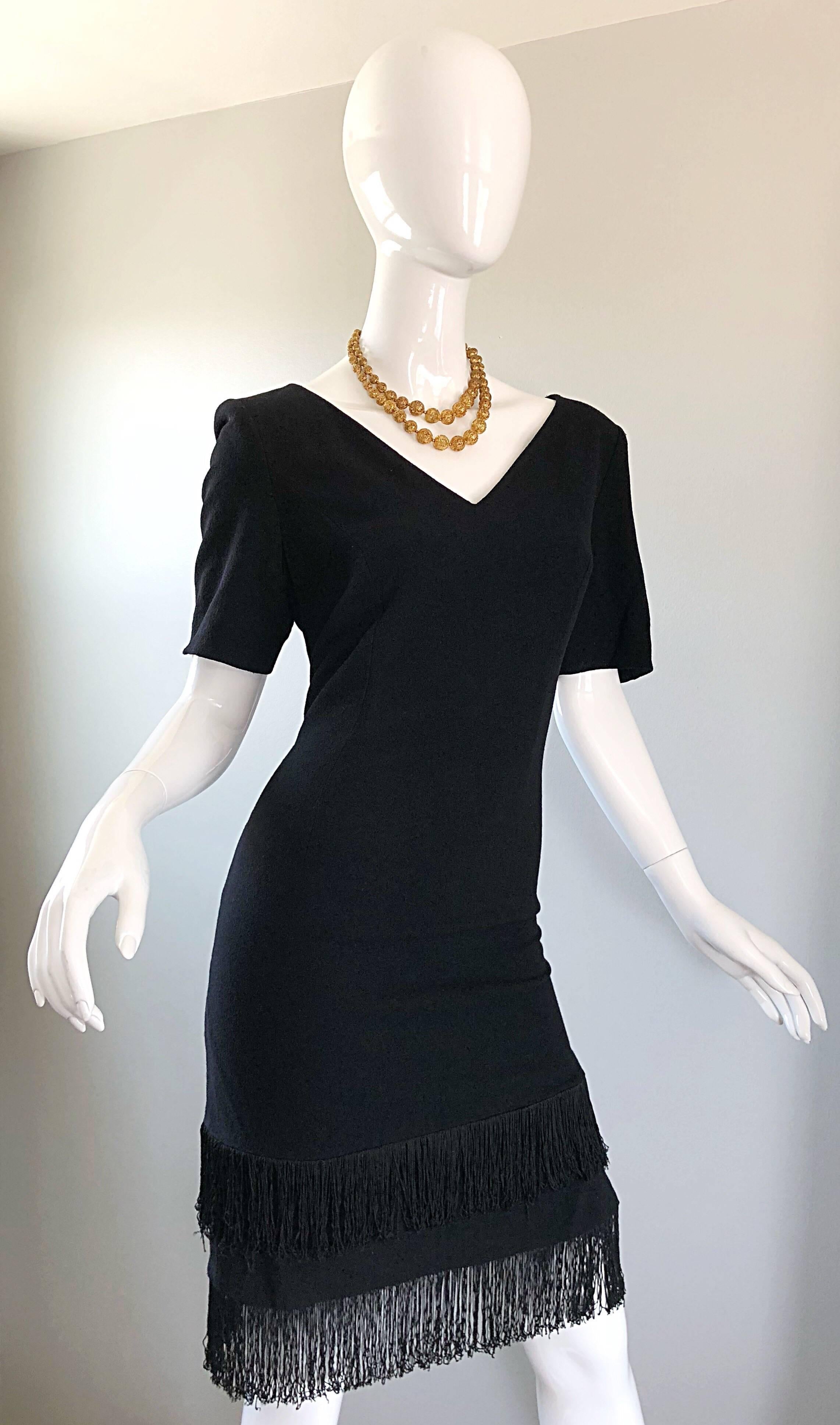 1990s Escada by Margaretha Ley Black Flapper Fringe Vintage Dress Size 8 / 10 In Excellent Condition For Sale In San Diego, CA