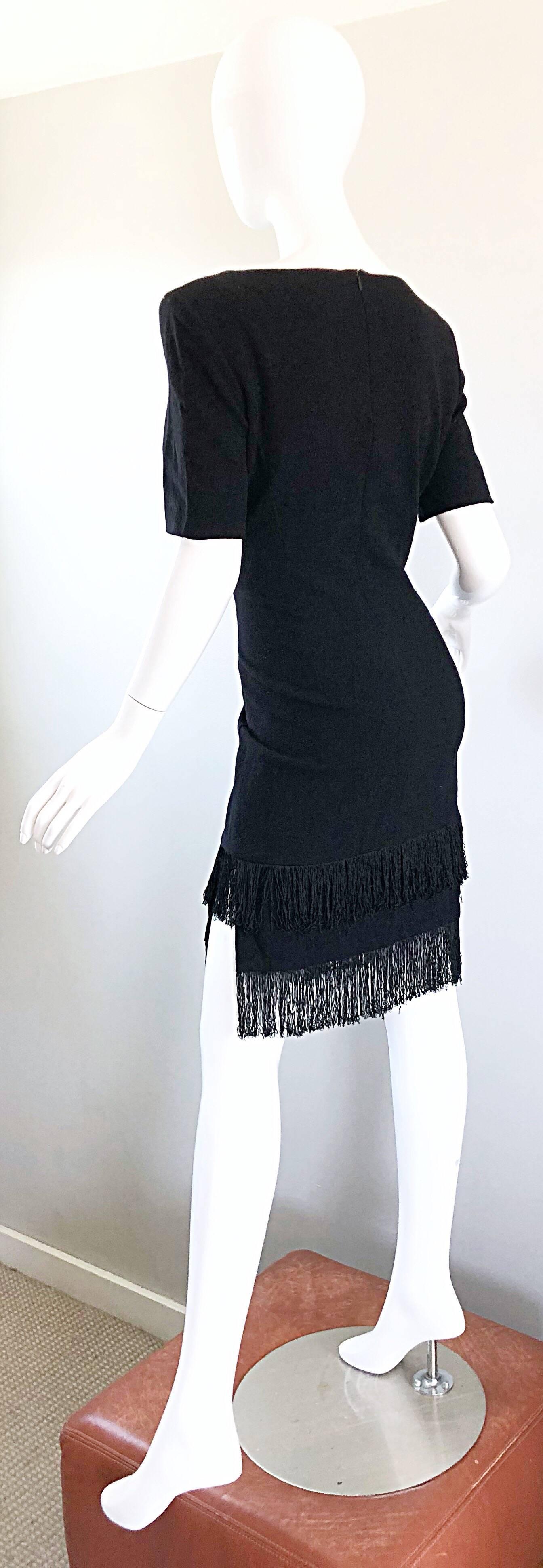 1990s Escada by Margaretha Ley Black Flapper Fringe Vintage Dress Size 8 / 10 For Sale 1