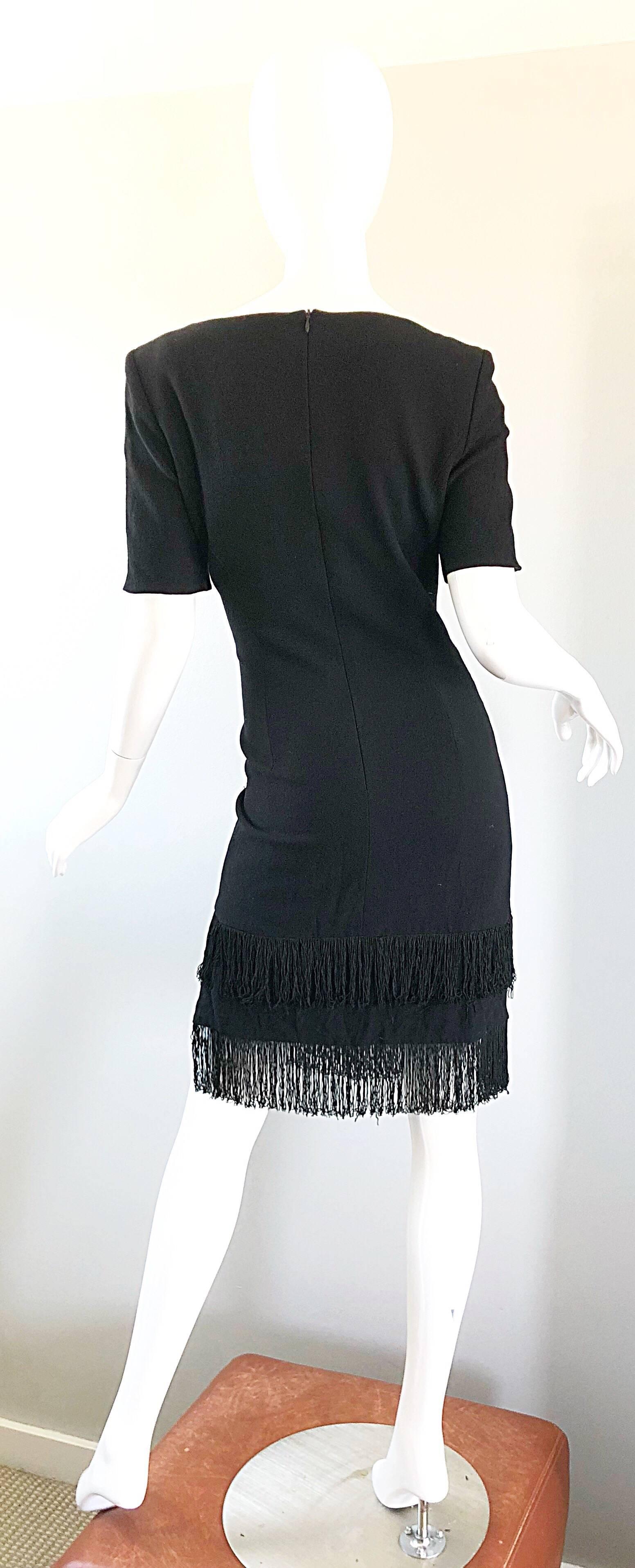 1990s Escada by Margaretha Ley Black Flapper Fringe Vintage Dress Size 8 / 10 For Sale 3