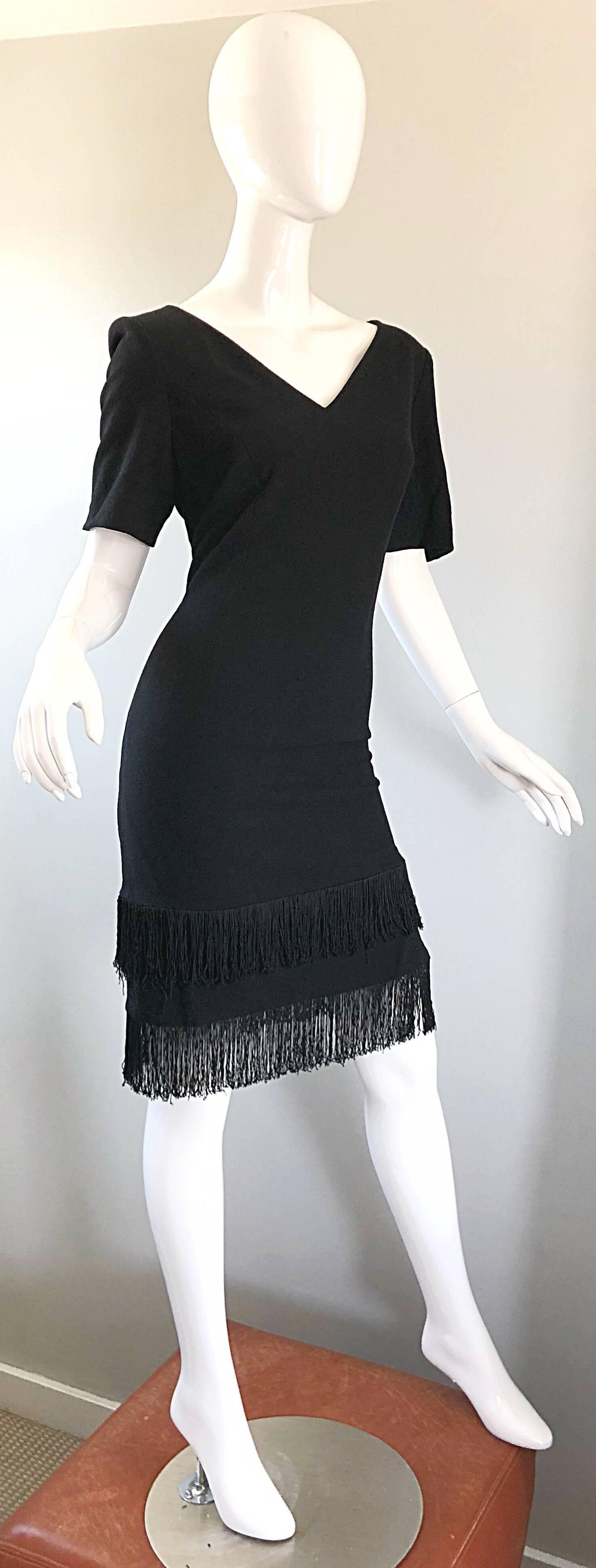 1990s Escada by Margaretha Ley Black Flapper Fringe Vintage Dress Size 8 / 10 For Sale 4