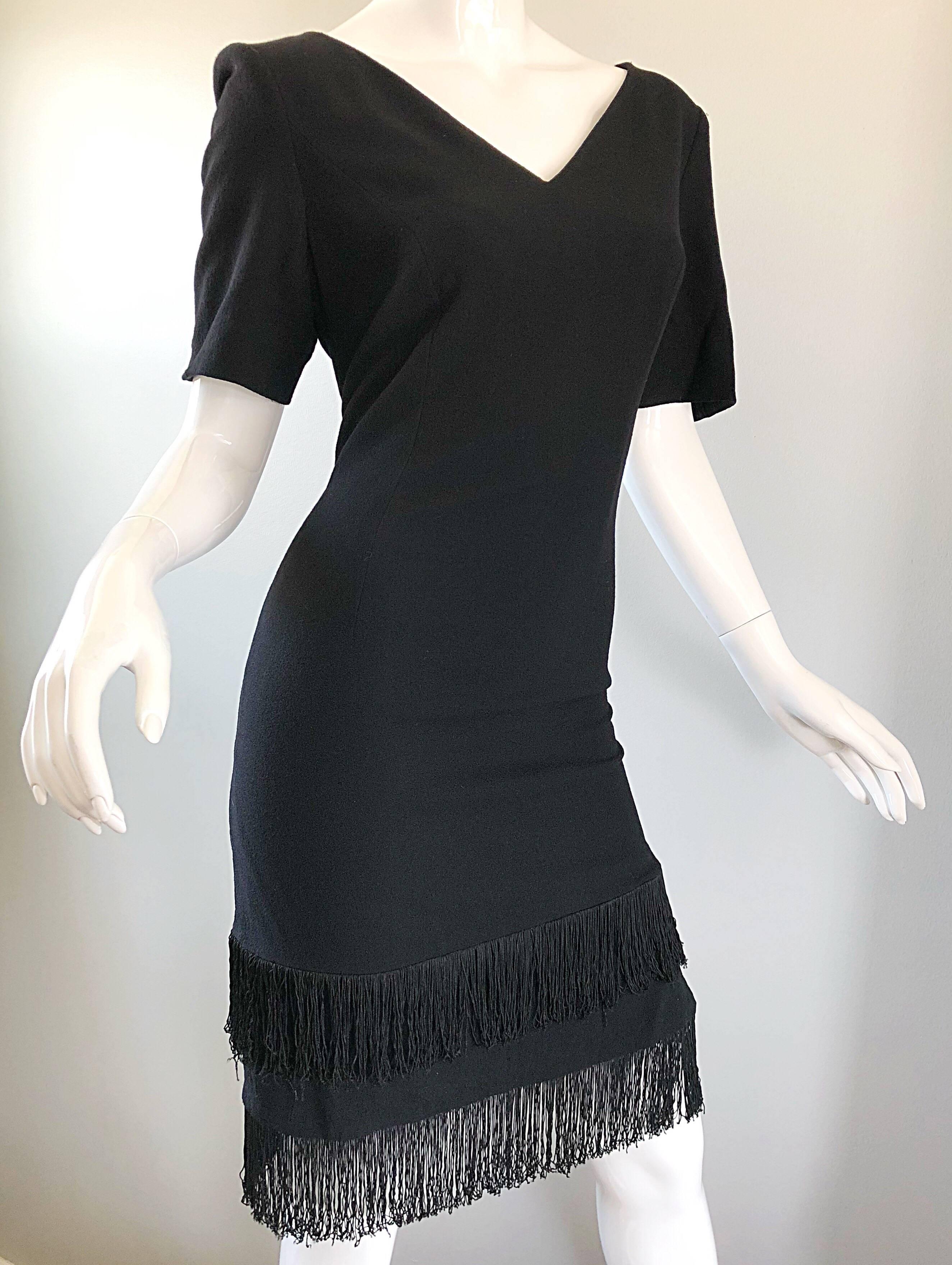 1990s Escada by Margaretha Ley Black Flapper Fringe Vintage Dress Size ...