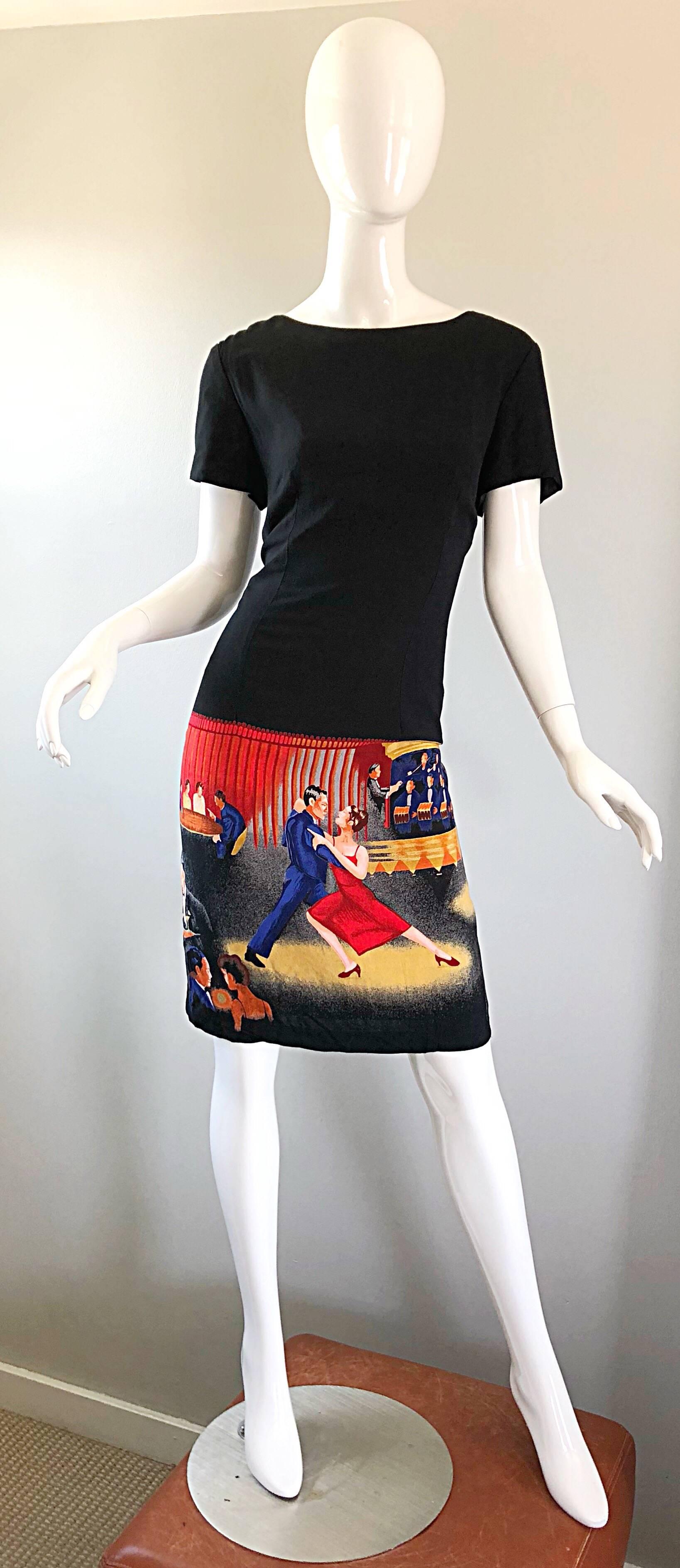 Amazing 1990s black novelty print dress! This literally takes the little black dress one level up! Features a soft rayon body, with a tailored fit. Black on the top, with fun prints of ballroom dancers of the front and back skirt. Vibrant colors of
