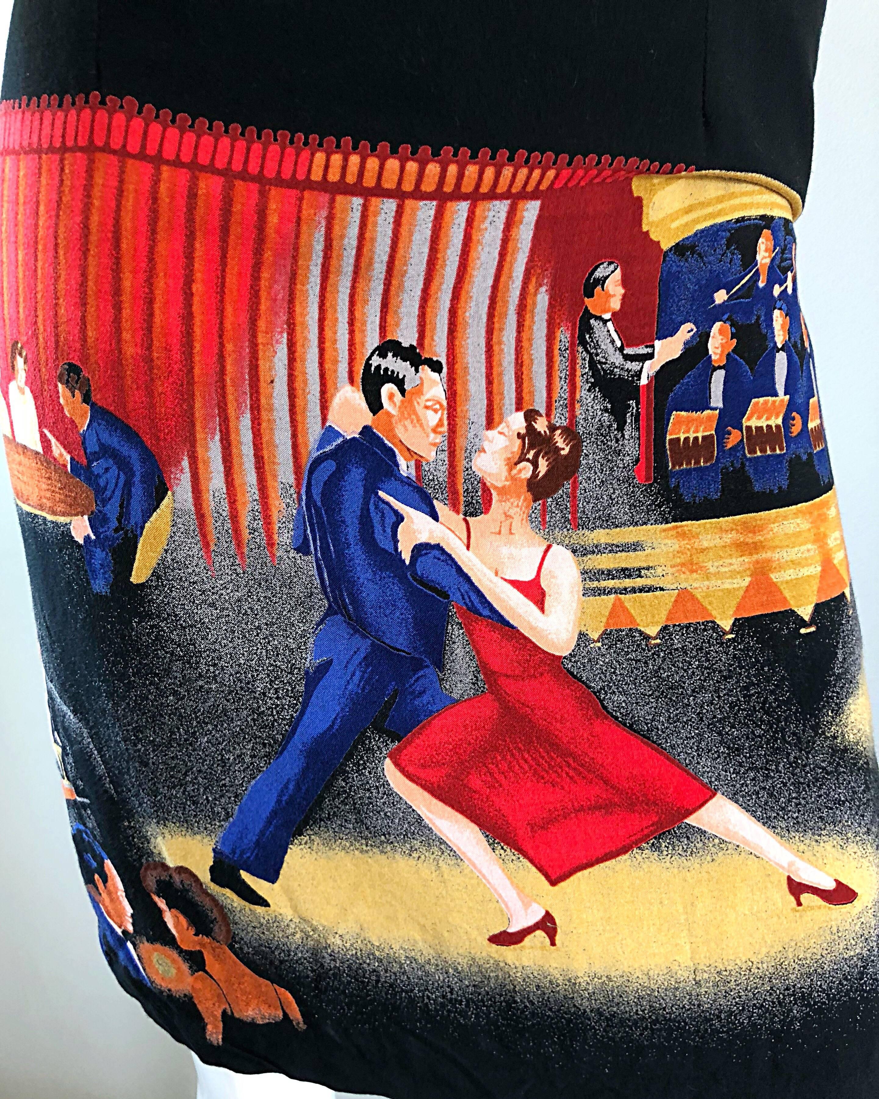 Amazing 1990s Novelty Print Ballrom Dancers Vintage 90s Black Dress In Excellent Condition For Sale In San Diego, CA