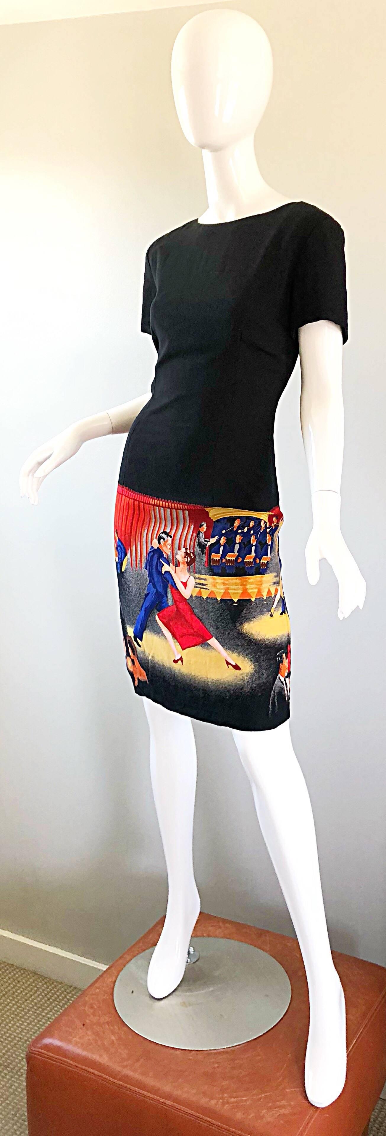 Erstaunlich 1990er Jahre Neuheit Print Ballrom Tänzer Vintage 90er Jahre Schwarzes Kleid im Angebot 1