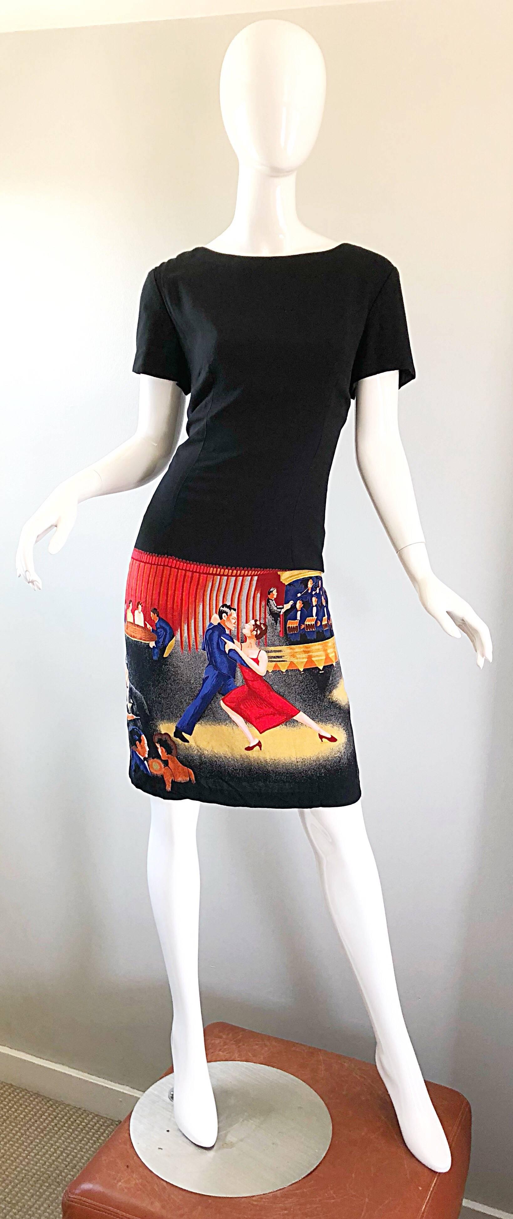 Amazing 1990s Novelty Print Ballrom Dancers Vintage 90s Black Dress For Sale 10