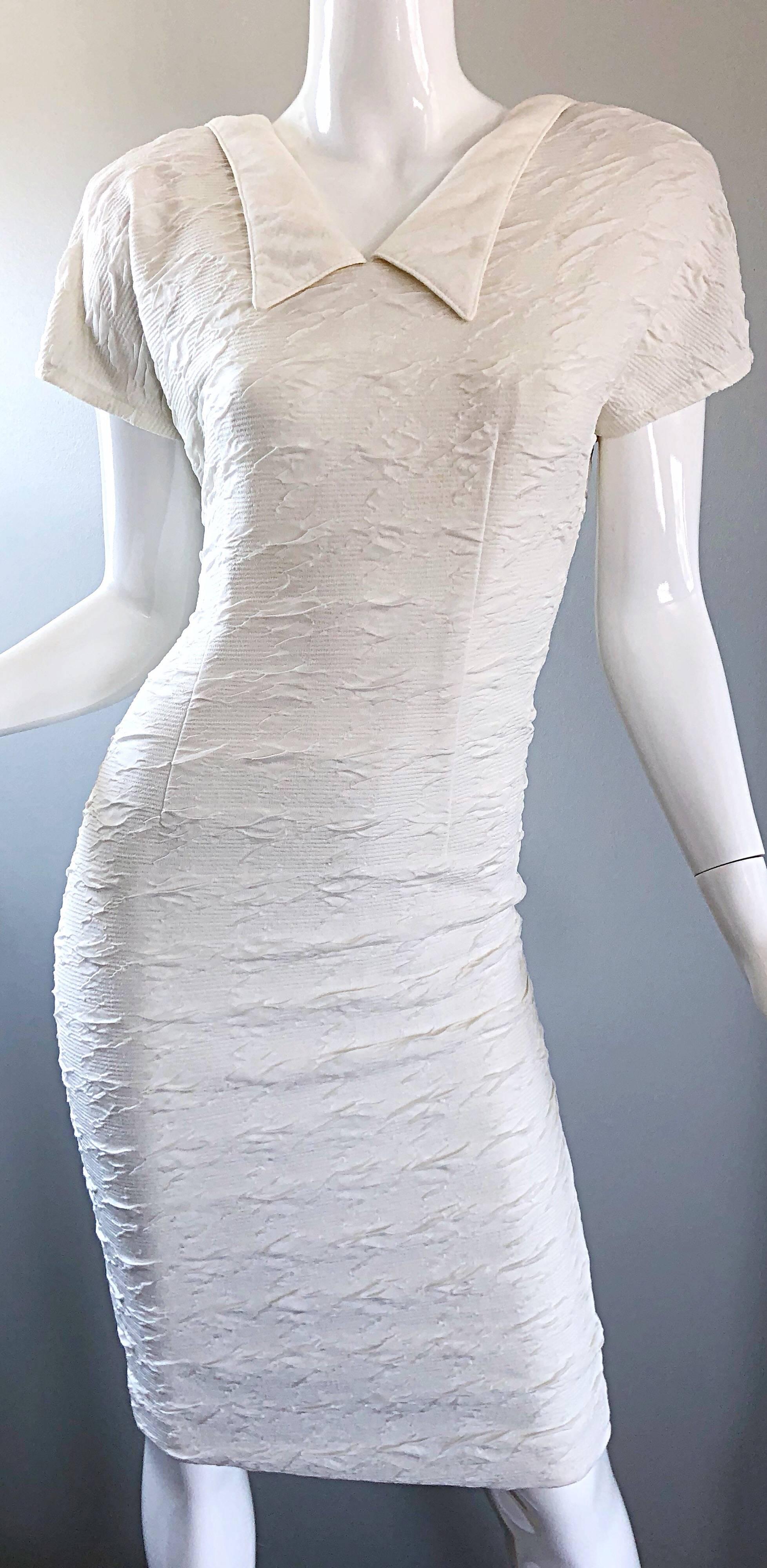 Women's Sexy 1990s La Kucci White French Avant Garde Vintage 90s Bodycon Dress Size 38