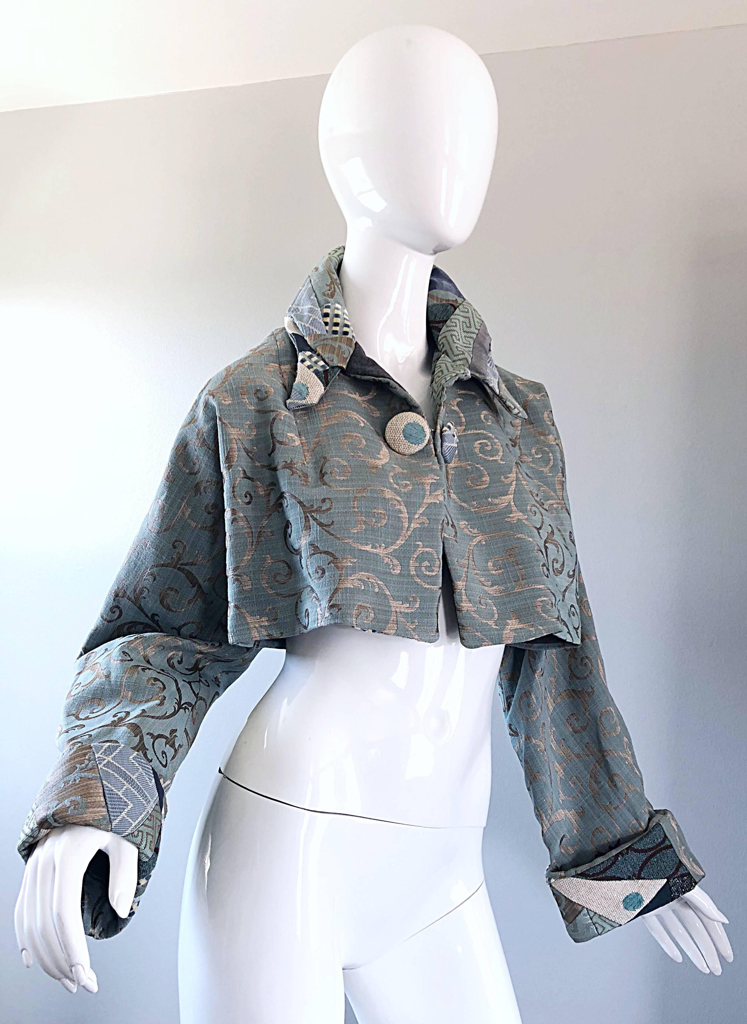 Incredible 1990s Light Blue Taupe Baroque Print 90s Vintage Cropped Silk Jacket In Excellent Condition In San Diego, CA