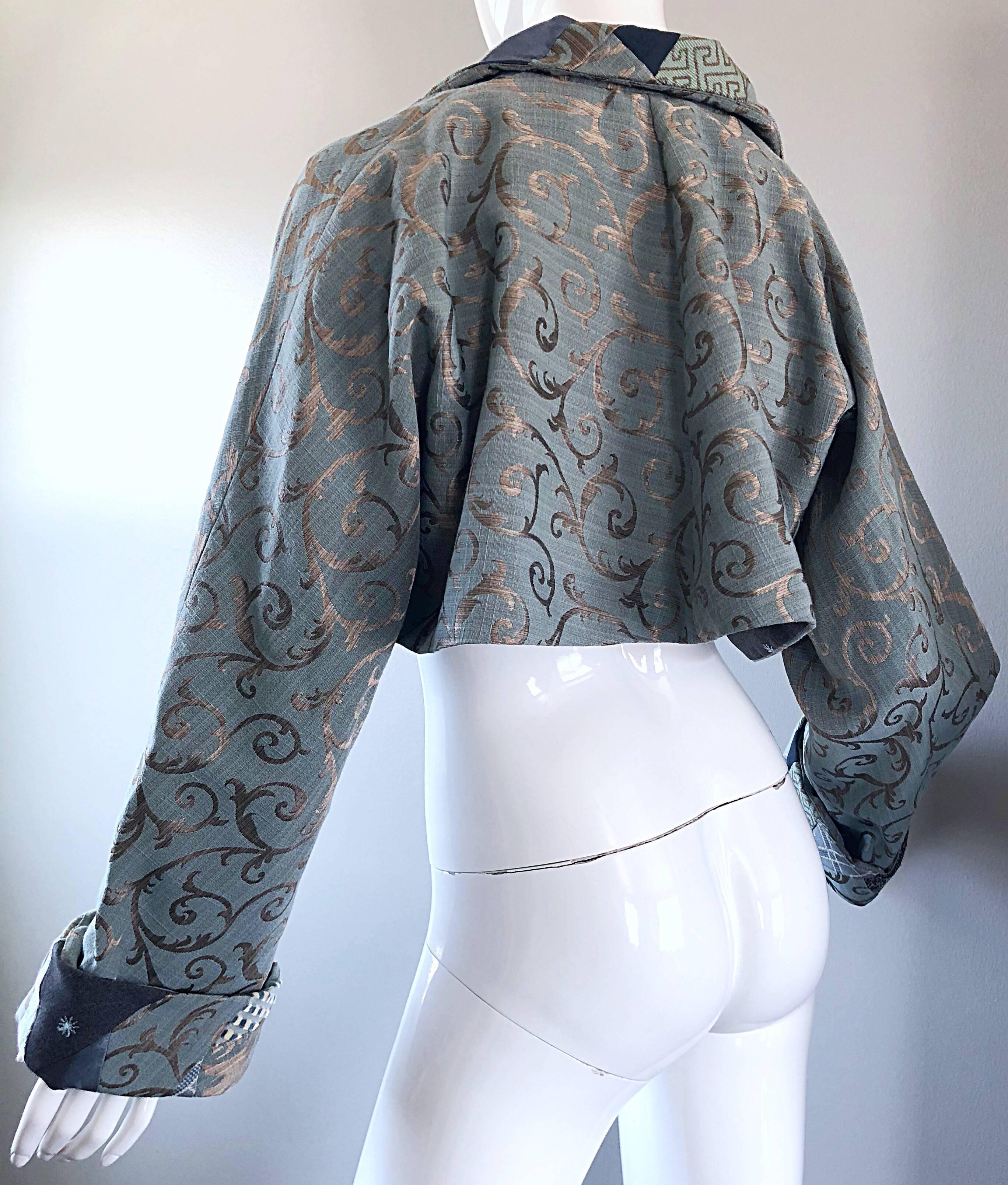 Women's Incredible 1990s Light Blue Taupe Baroque Print 90s Vintage Cropped Silk Jacket