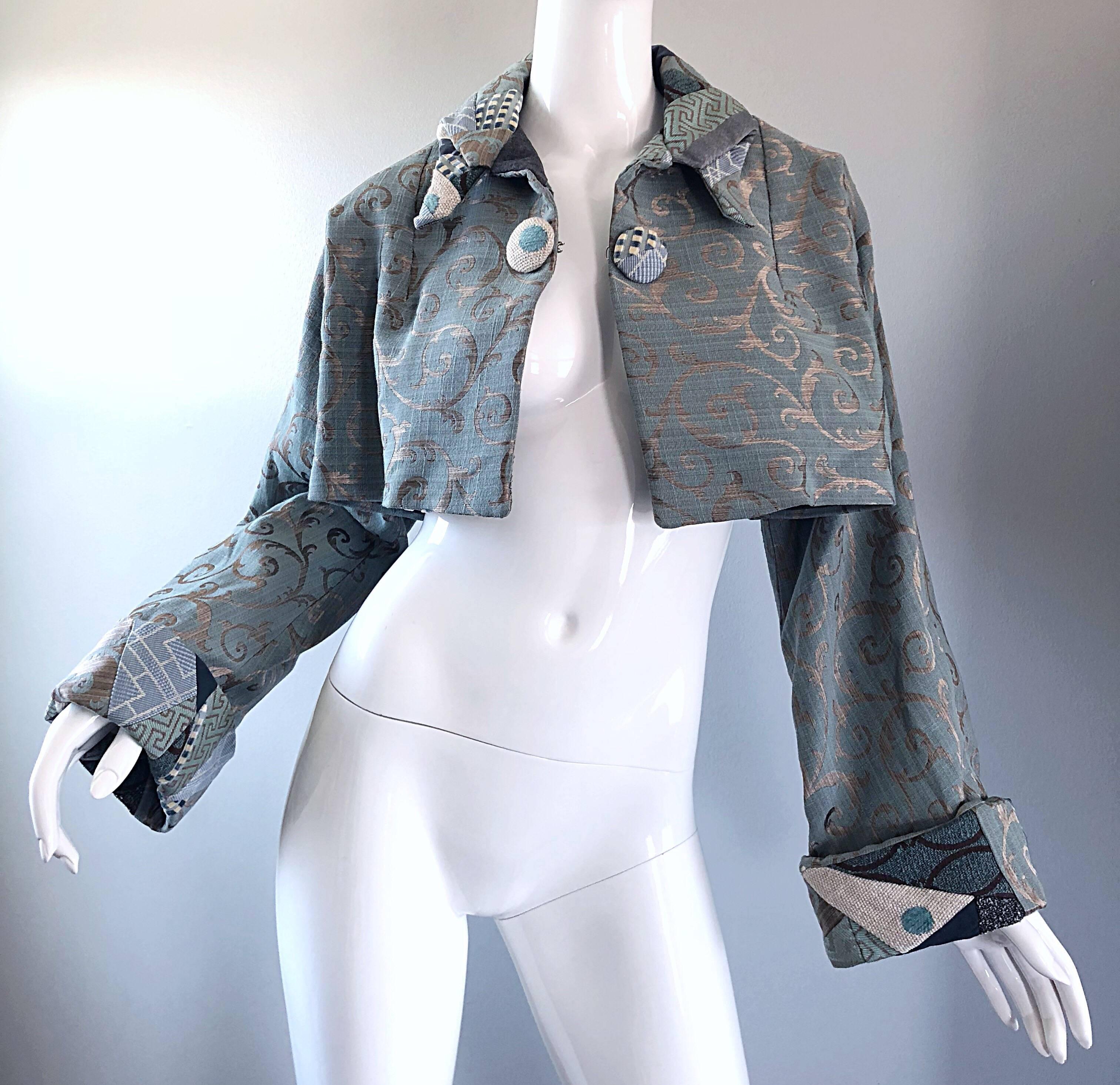 Incredible 1990s Light Blue Taupe Baroque Print 90s Vintage Cropped Silk Jacket 1