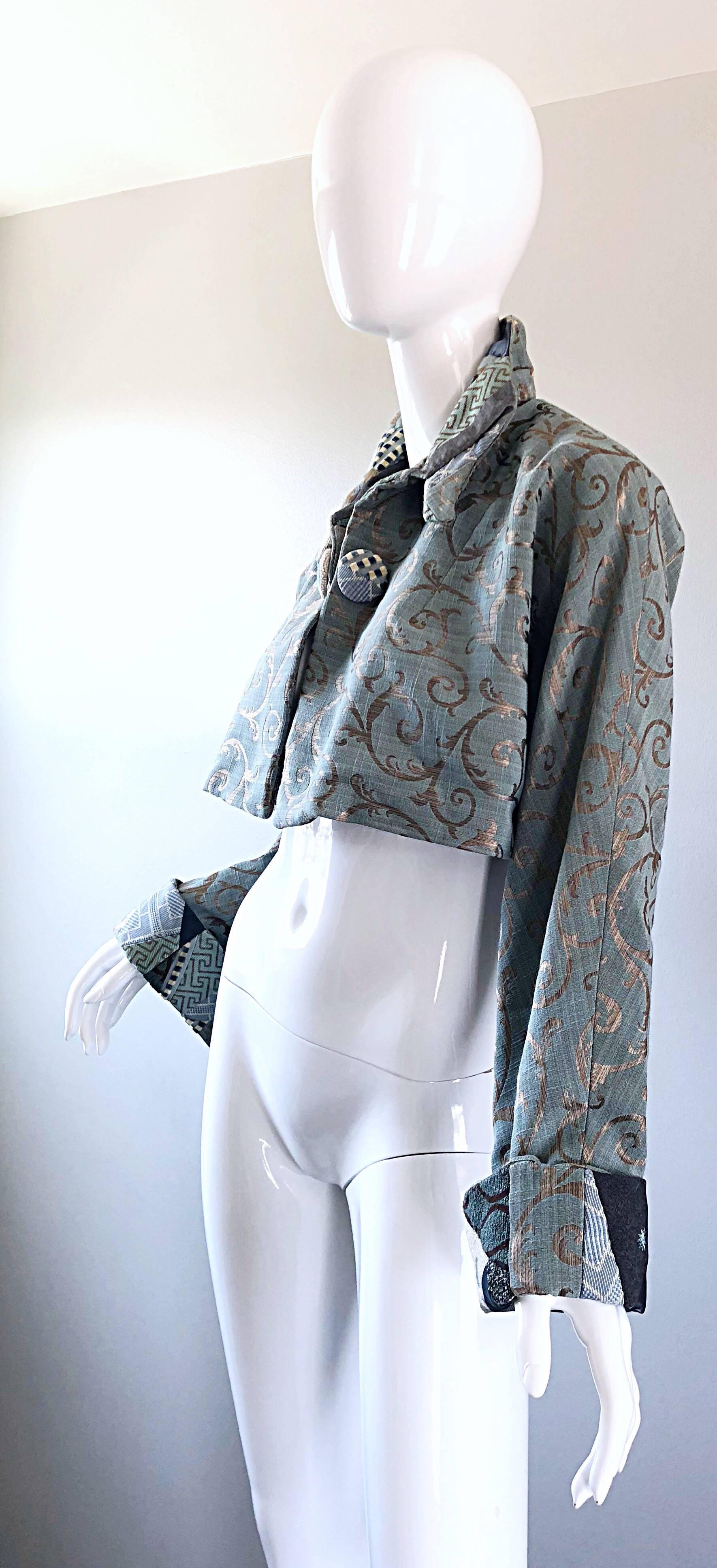 Incredible 1990s Light Blue Taupe Baroque Print 90s Vintage Cropped Silk Jacket 2