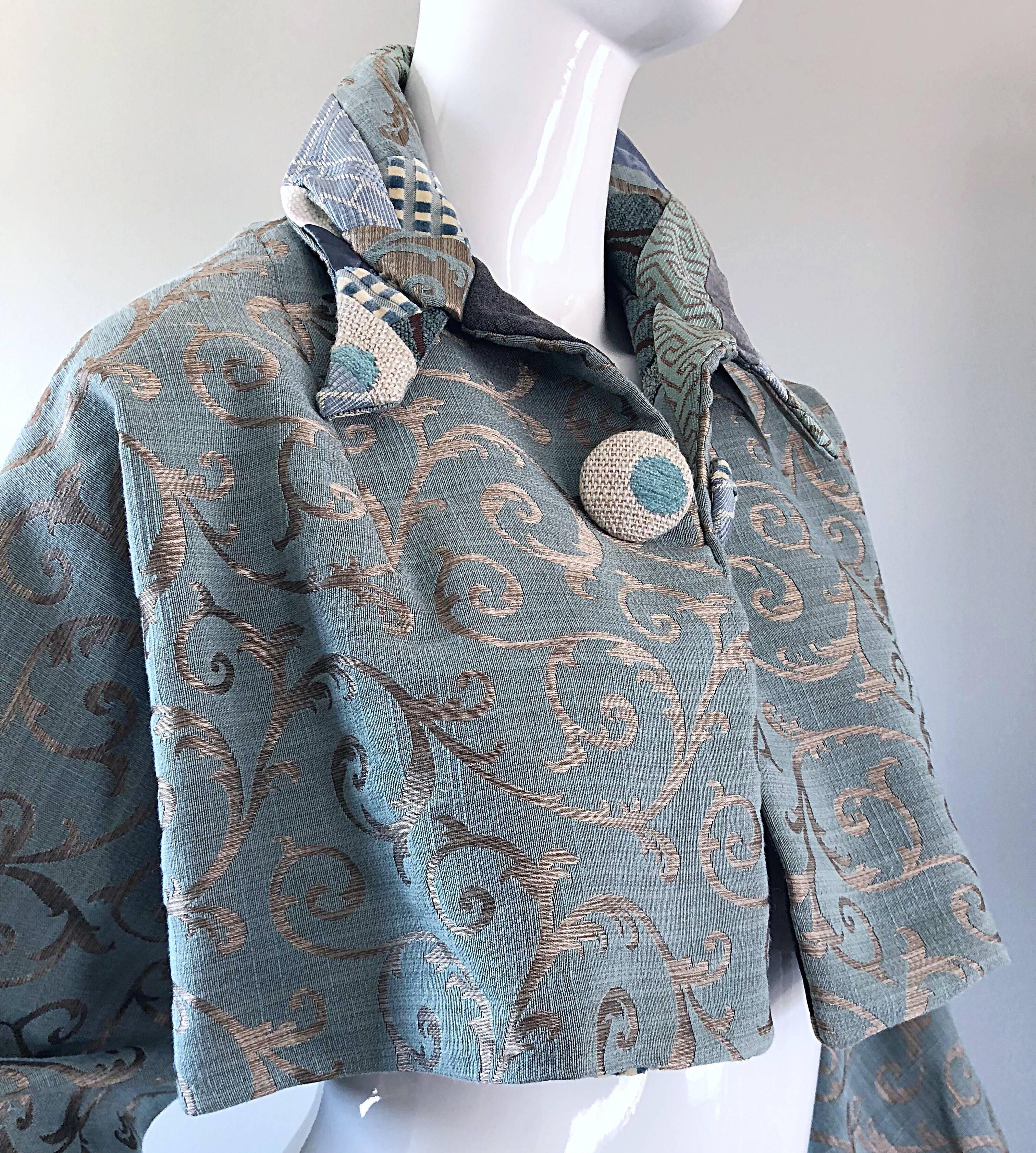 Incredible 1990s Light Blue Taupe Baroque Print 90s Vintage Cropped Silk Jacket 4