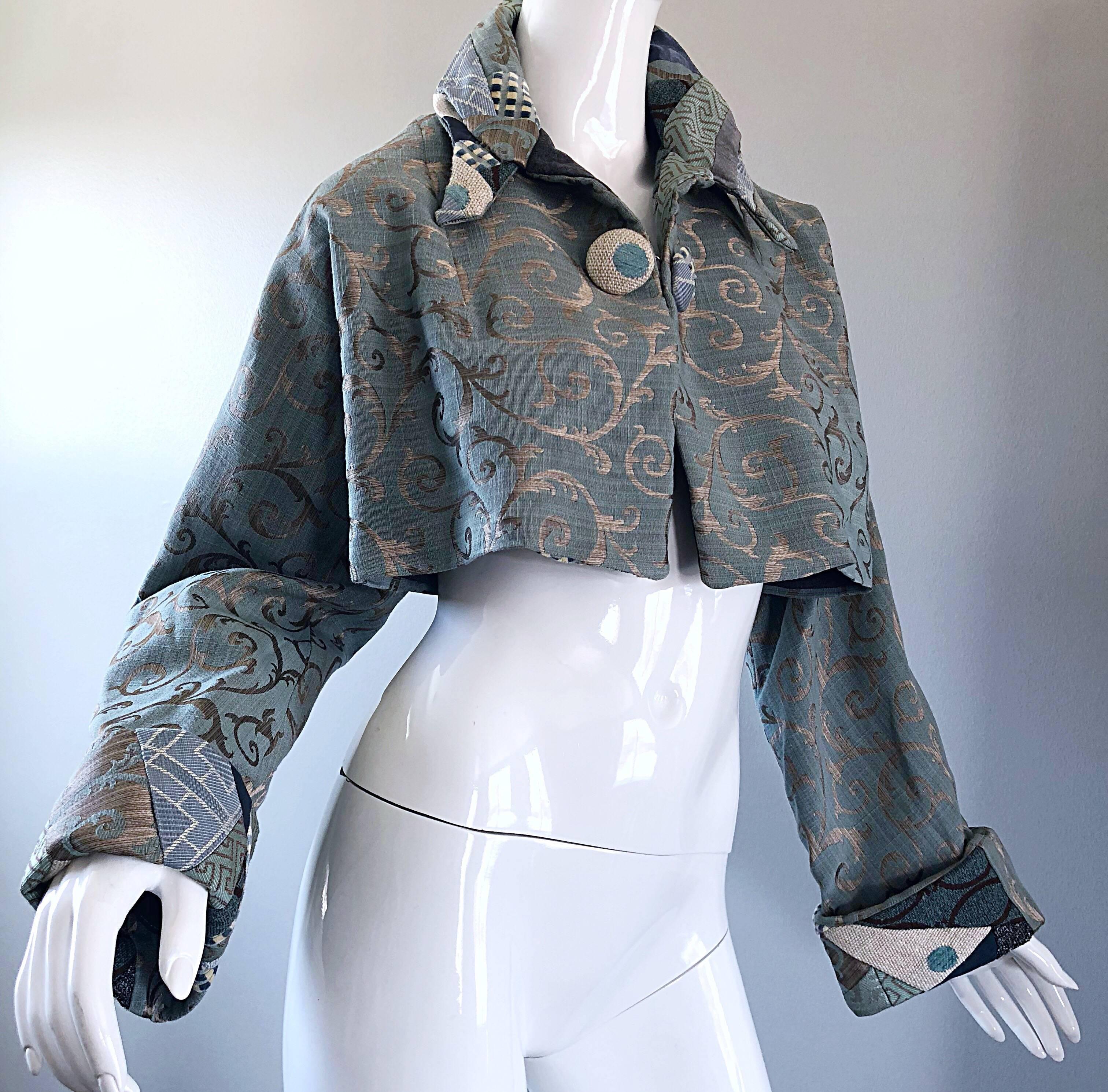 Incredible 1990s Light Blue Taupe Baroque Print 90s Vintage Cropped Silk Jacket 5