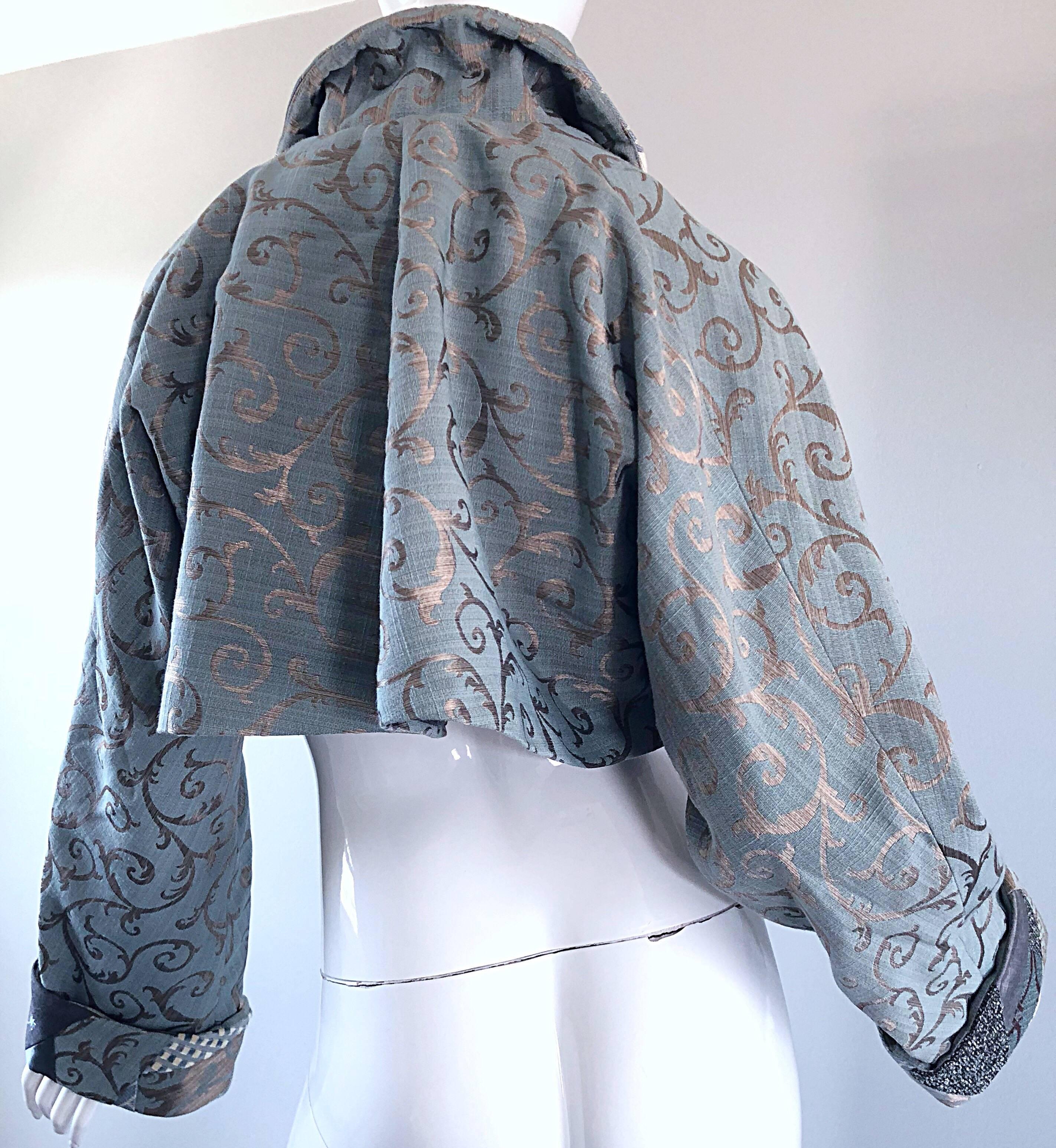 Incredible 1990s Light Blue Taupe Baroque Print 90s Vintage Cropped Silk Jacket 6