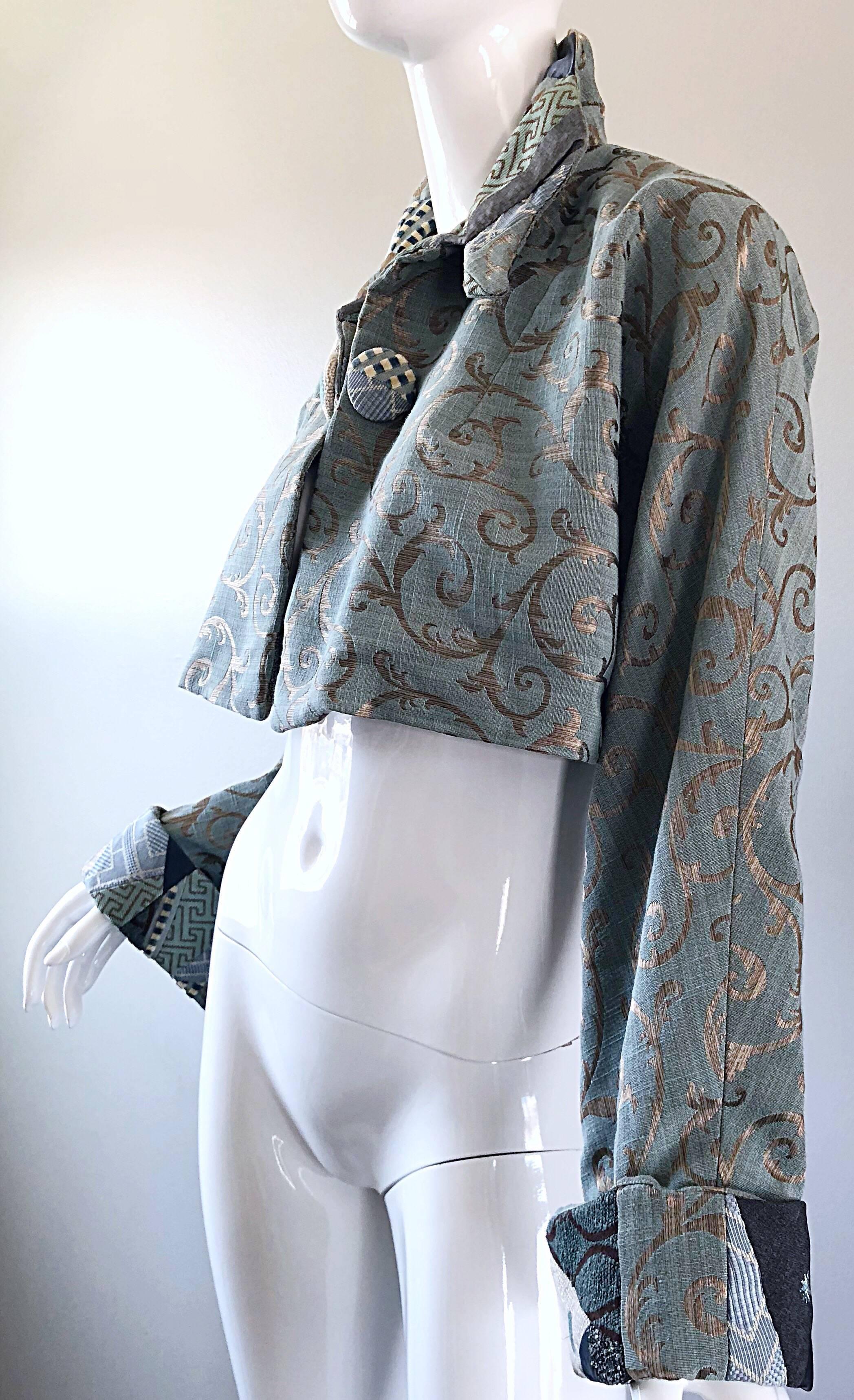 Incredible 1990s Light Blue Taupe Baroque Print 90s Vintage Cropped Silk Jacket 7