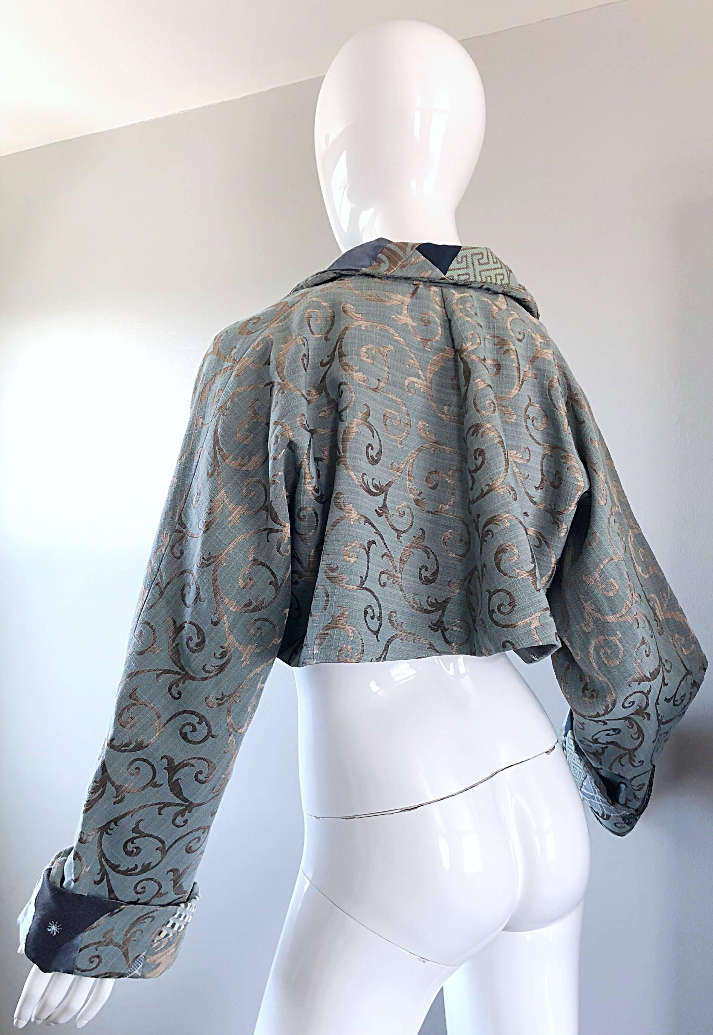 Incredible 1990s Light Blue Taupe Baroque Print 90s Vintage Cropped Silk Jacket 8