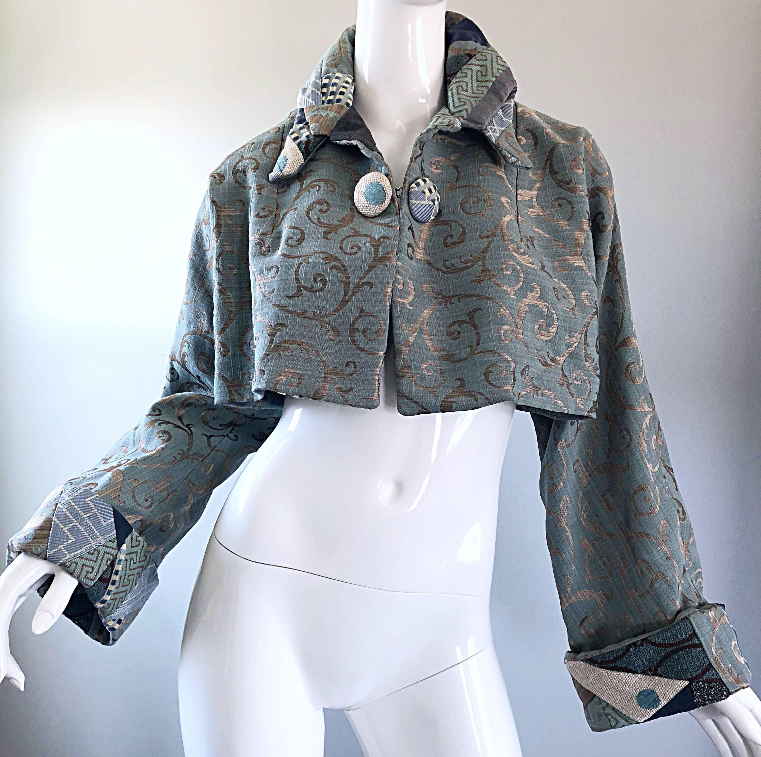 Incredible 1990s Light Blue Taupe Baroque Print 90s Vintage Cropped Silk Jacket 9