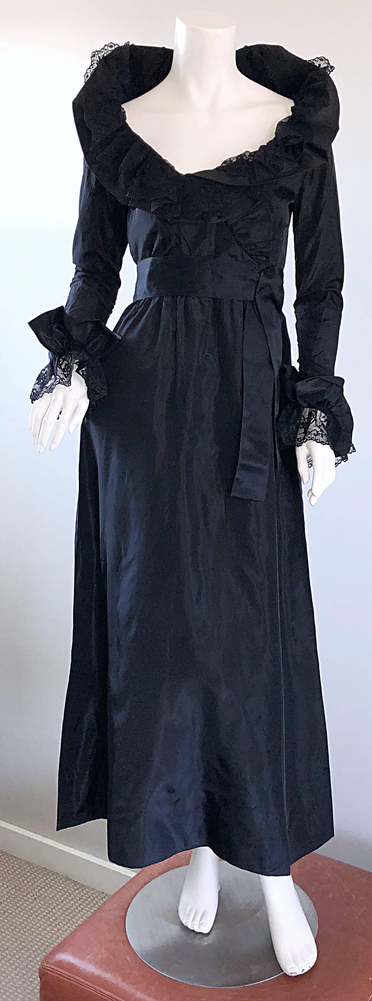 Beautiful vintage BILL BLASS couture black silk taffeta and lace evening gown! Features luxurious black silk taffeta, with black French lace details throughout. Ruffled taffeta collar features a lace overlay and a hidden fabric covered wire on each