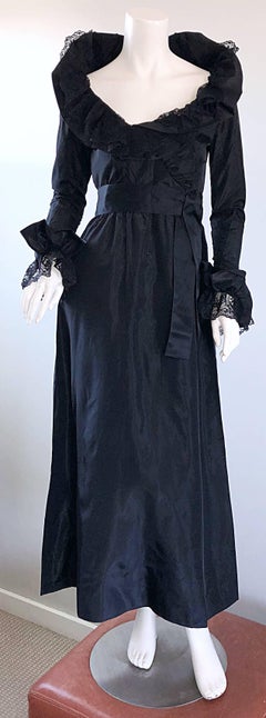 Beautiful Vintage Bill Blass Couture Silk Taffeta Lace Long Sleeve Evening Gown