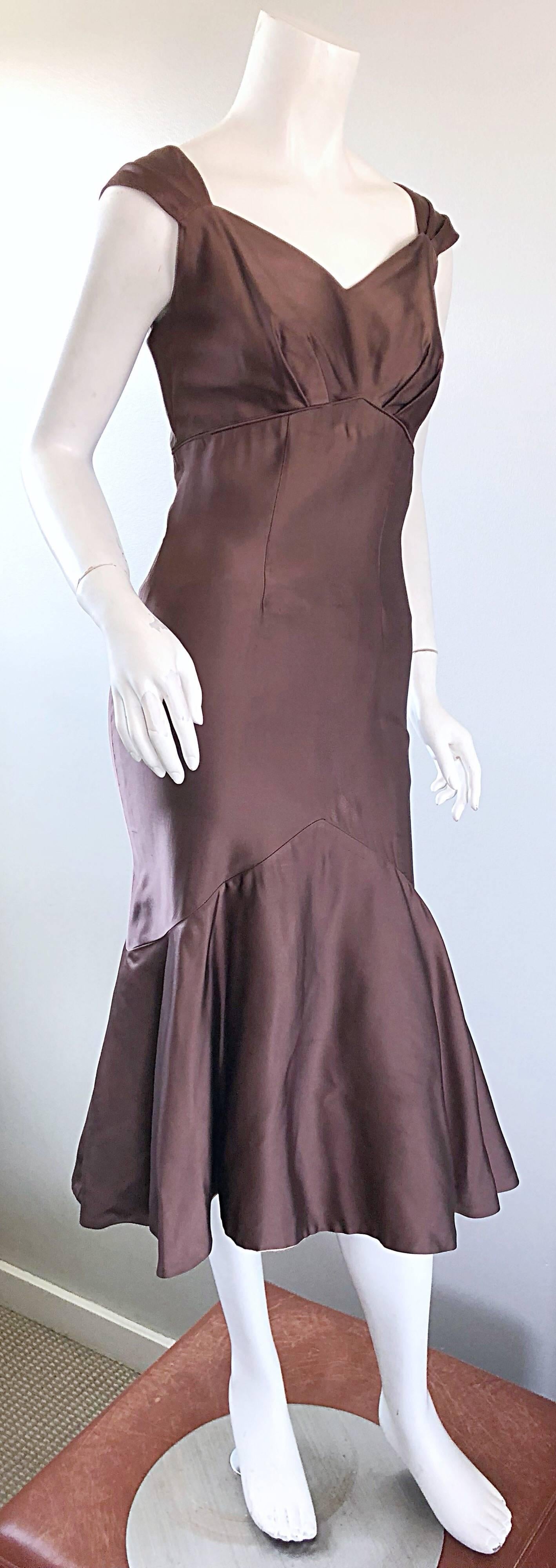 Gray 1950s Halmar Demi Couture Taupe / Light Brown Silk Vintage 50s Mermaid Hem Dress For Sale