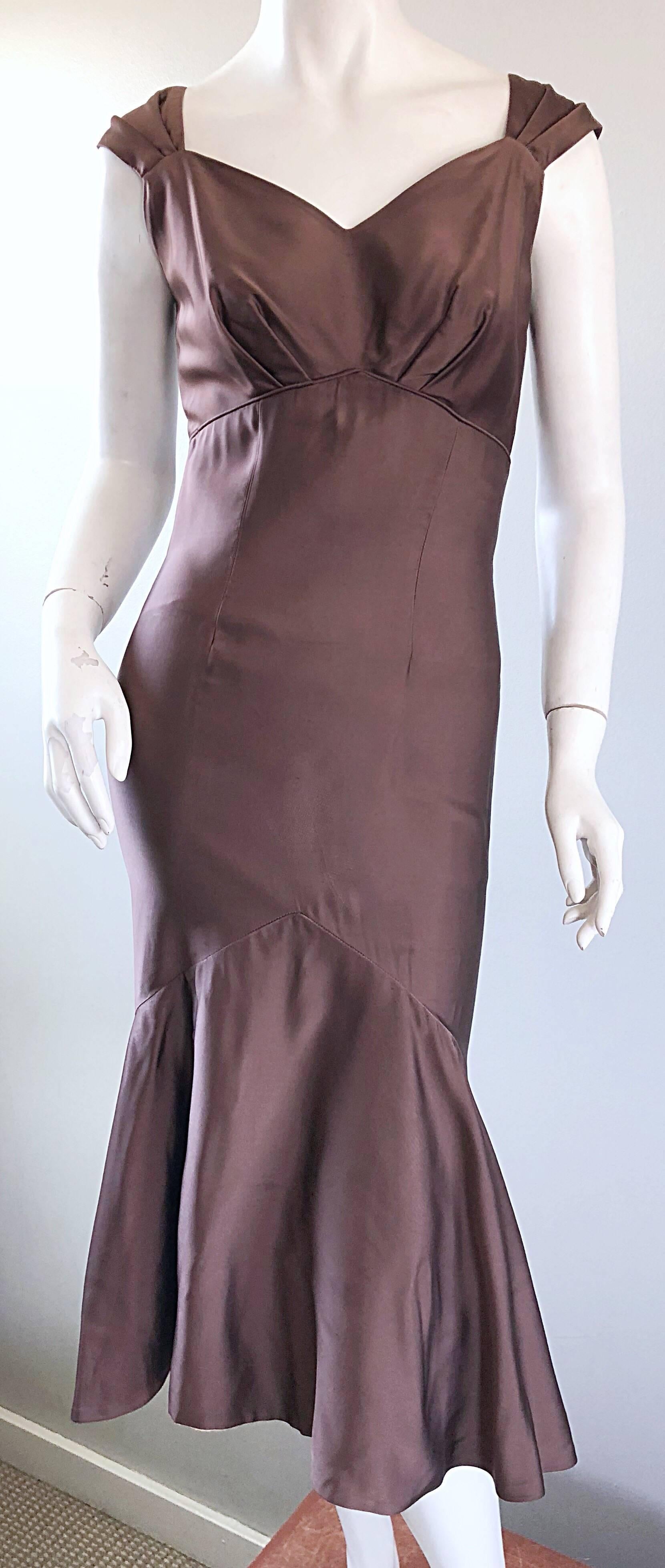 1950s Halmar Demi Couture Taupe / Light Brown Silk Vintage 50s Mermaid Hem Dress In Excellent Condition For Sale In San Diego, CA