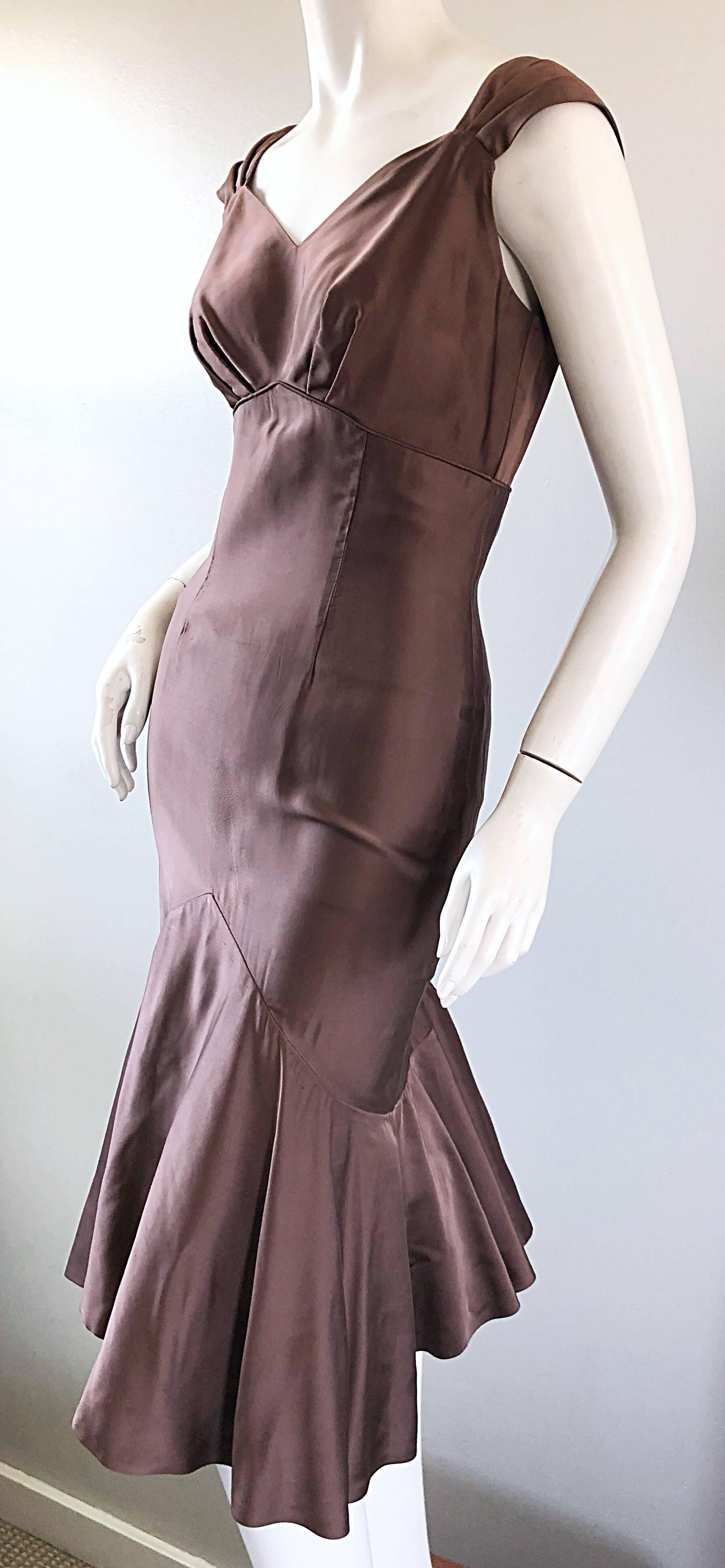 Women's 1950s Halmar Demi Couture Taupe / Light Brown Silk Vintage 50s Mermaid Hem Dress For Sale