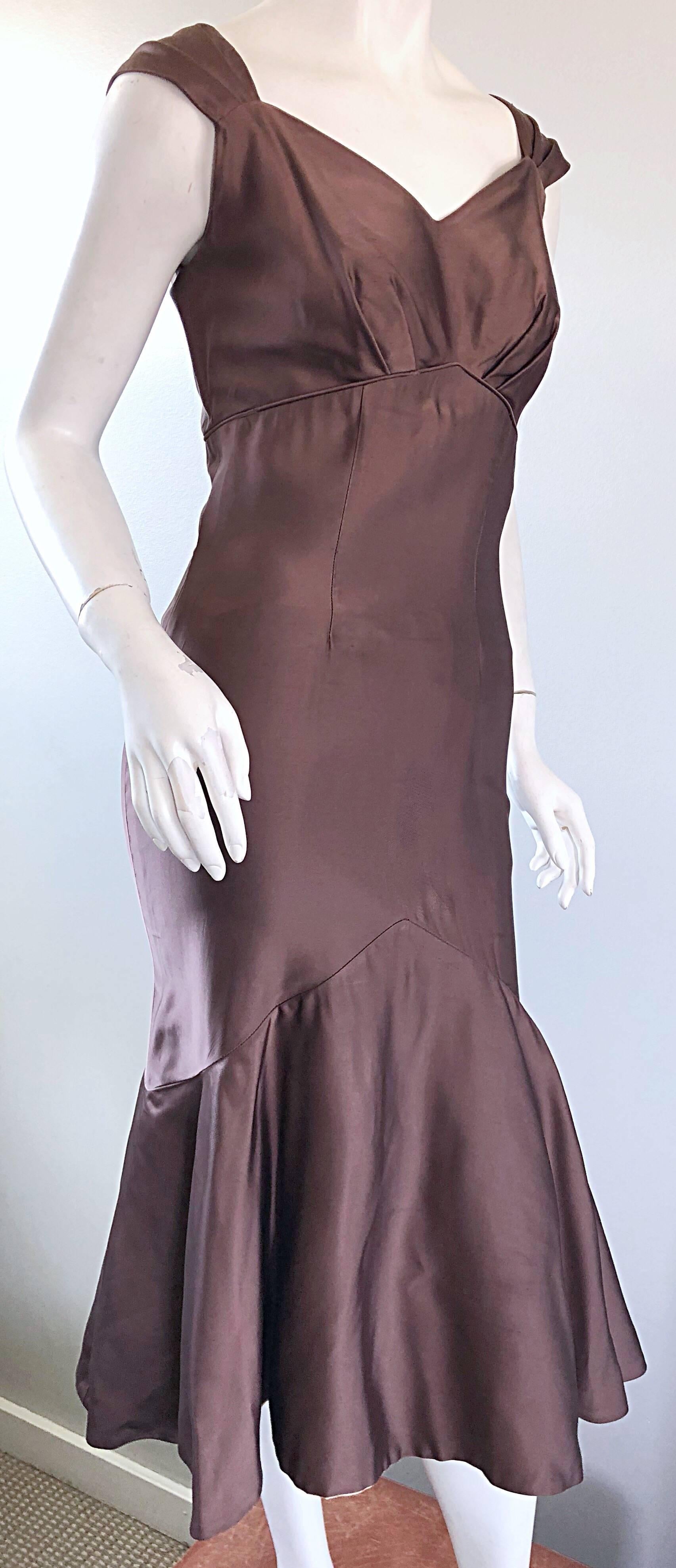 1950s Halmar Demi Couture Taupe / Light Brown Silk Vintage 50s Mermaid Hem Dress For Sale 1