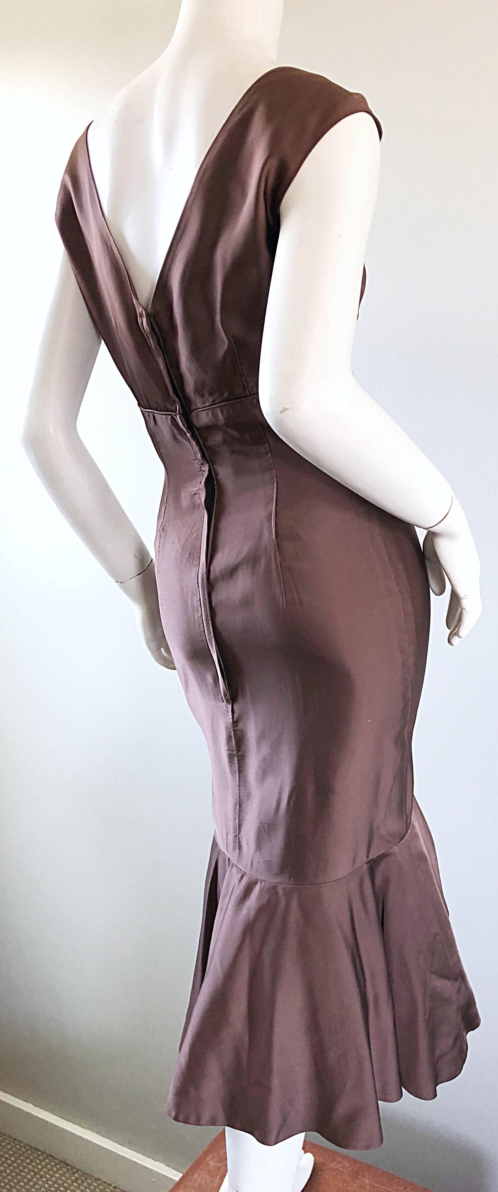 1950s Halmar Demi Couture Taupe / Light Brown Silk Vintage 50s Mermaid Hem Dress For Sale 2