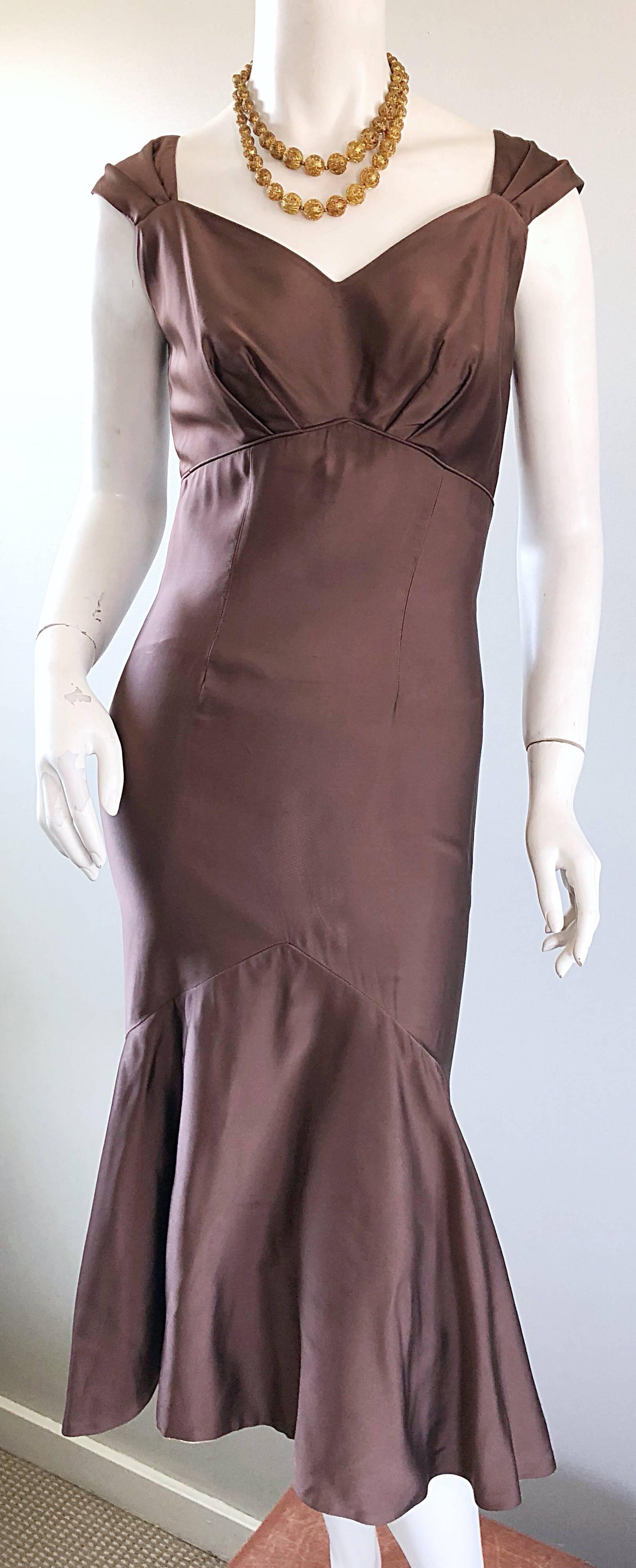 1950s Halmar Demi Couture Taupe / Light Brown Silk Vintage 50s Mermaid Hem Dress For Sale 3